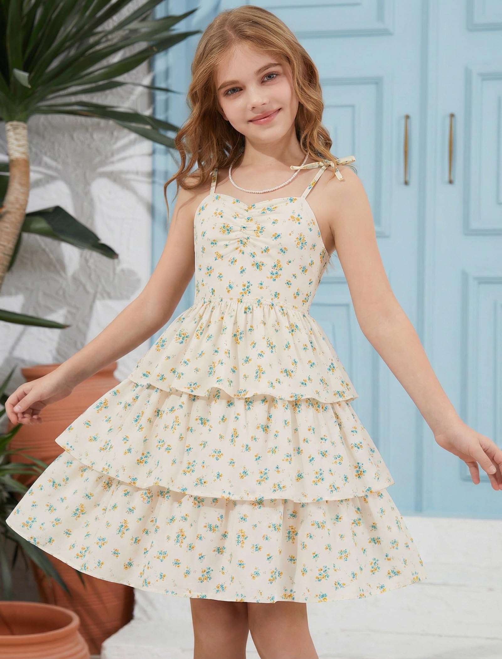 HOZIY Girls Summer Dress Teen Spaghetti Strap Ruched Sweetheart Short Dresses Kids Junior Ruffle Tiered Sundresses 7-16 Years - 3