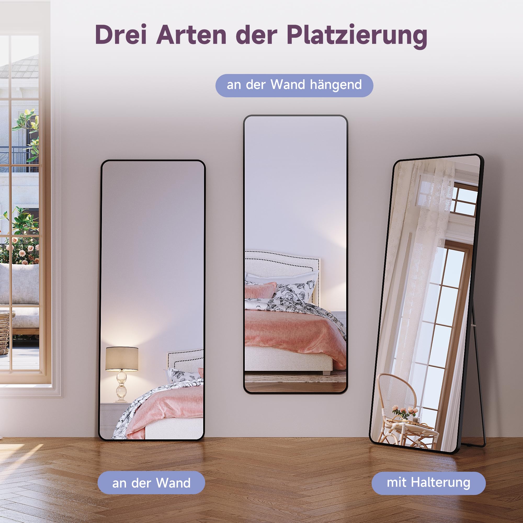 SONNI Ganzkörperspiegel 160 x60 cm mit Aluminium Rahmen - Schwarz, HD Spiegelglas, Wandmontage/Standfuß (kippsicher), Rechteckig Standspiegel für Schlafzimmer, Flur, Eingangsbereich