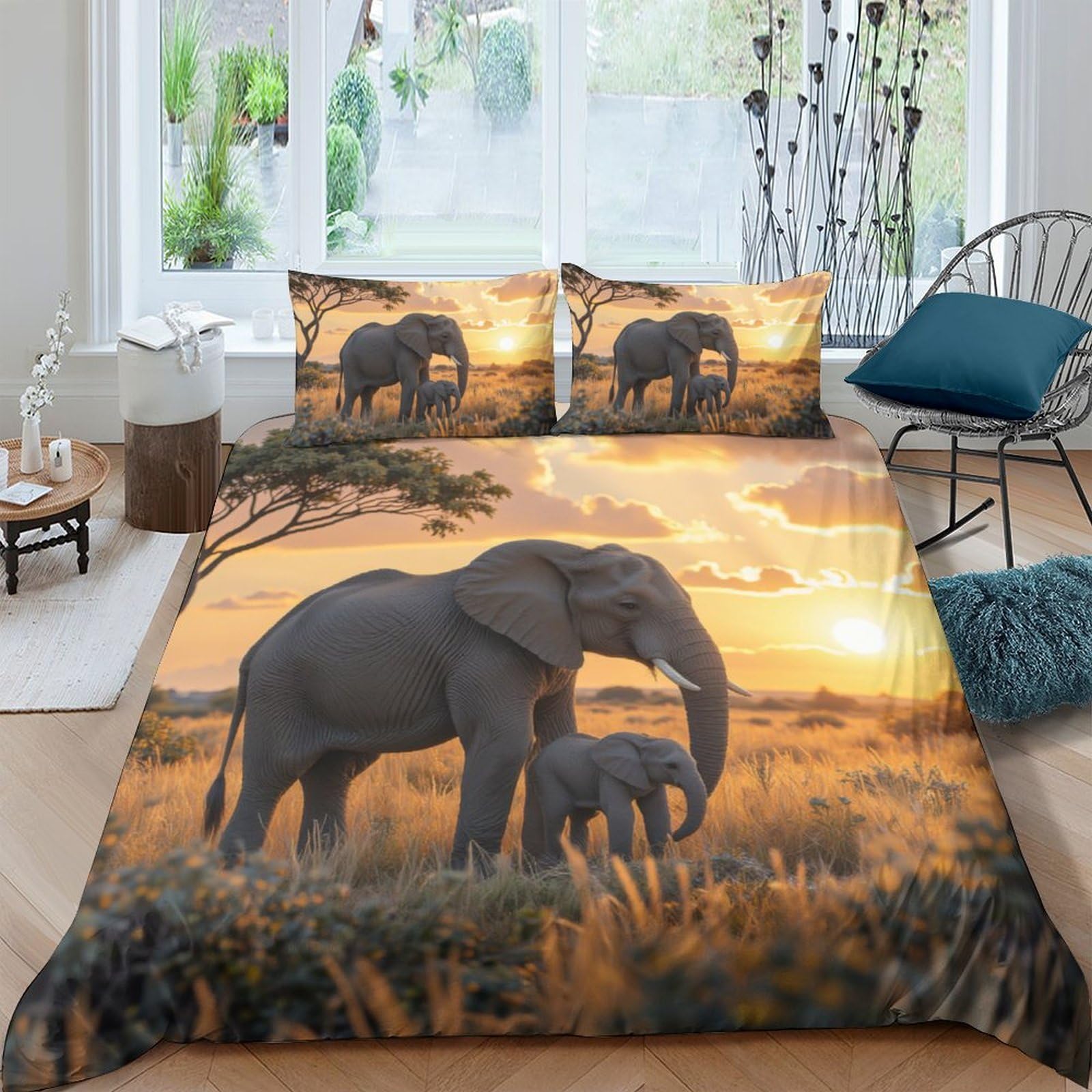 GPLZQXKJNH 3D Printed Elephant Sunset Duvet Cover Microfiber Soft Breathable African Wildlife Bedding Set with 2 Pillowcases for Bedroom Decor, Single（135x200cm）