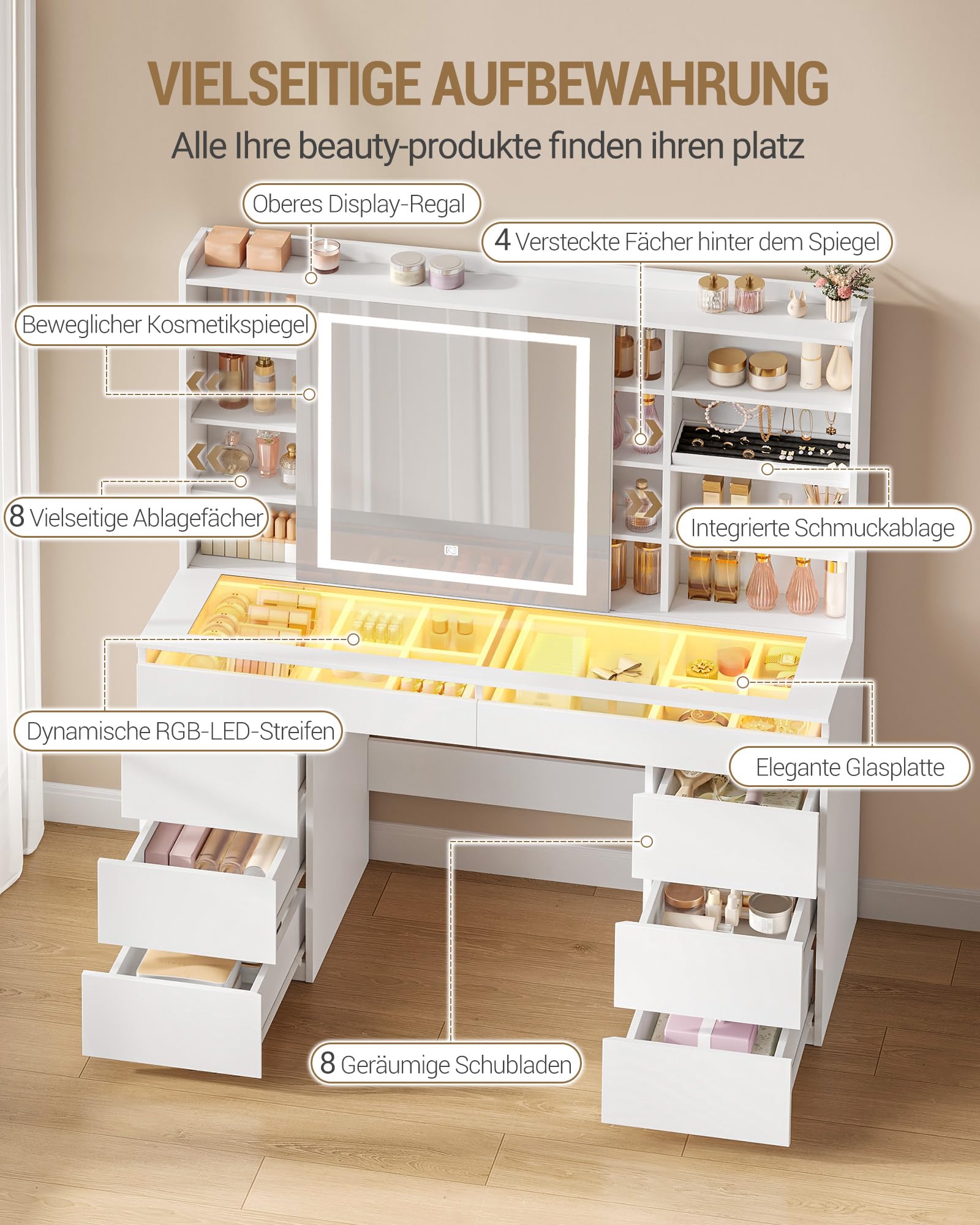 Hzuaneri Große Schminktisch, Schminktisch mit Verstellbaren RGB-Beleuchtung und Glasplatte, Schminktische mit Große Spiegel, 8 Schubladen und 9 Offenen Fächern, Schlafzimmer, Weiß, 1180203XEU