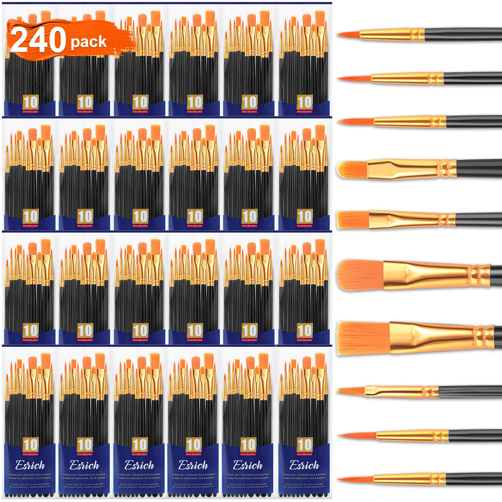 ESRICHAcrylic Paint Brushes Set, 24 Packs / 240 Pcs Watercolor Brushes,Nylon Brush Head, for Oil Painting, Gouache, Face,Ceramics etc, Kid's and Adults Painting Arts and Crafts Sets.(Black)