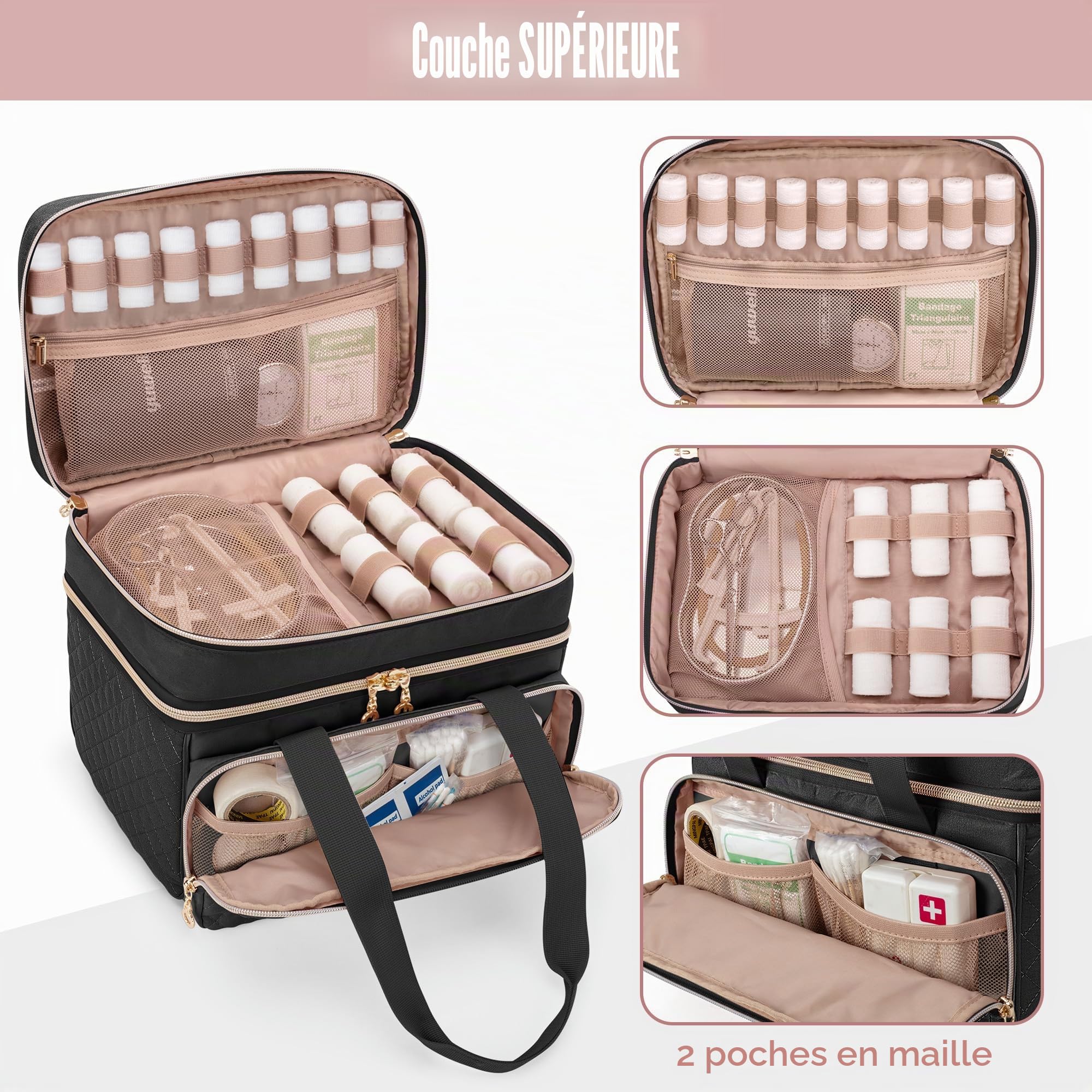 Yarwo Mallette Infirmière Libérale à Double Couche, Trousse de Secours avec Rangement pour Médicaments, Sac Médical Noir