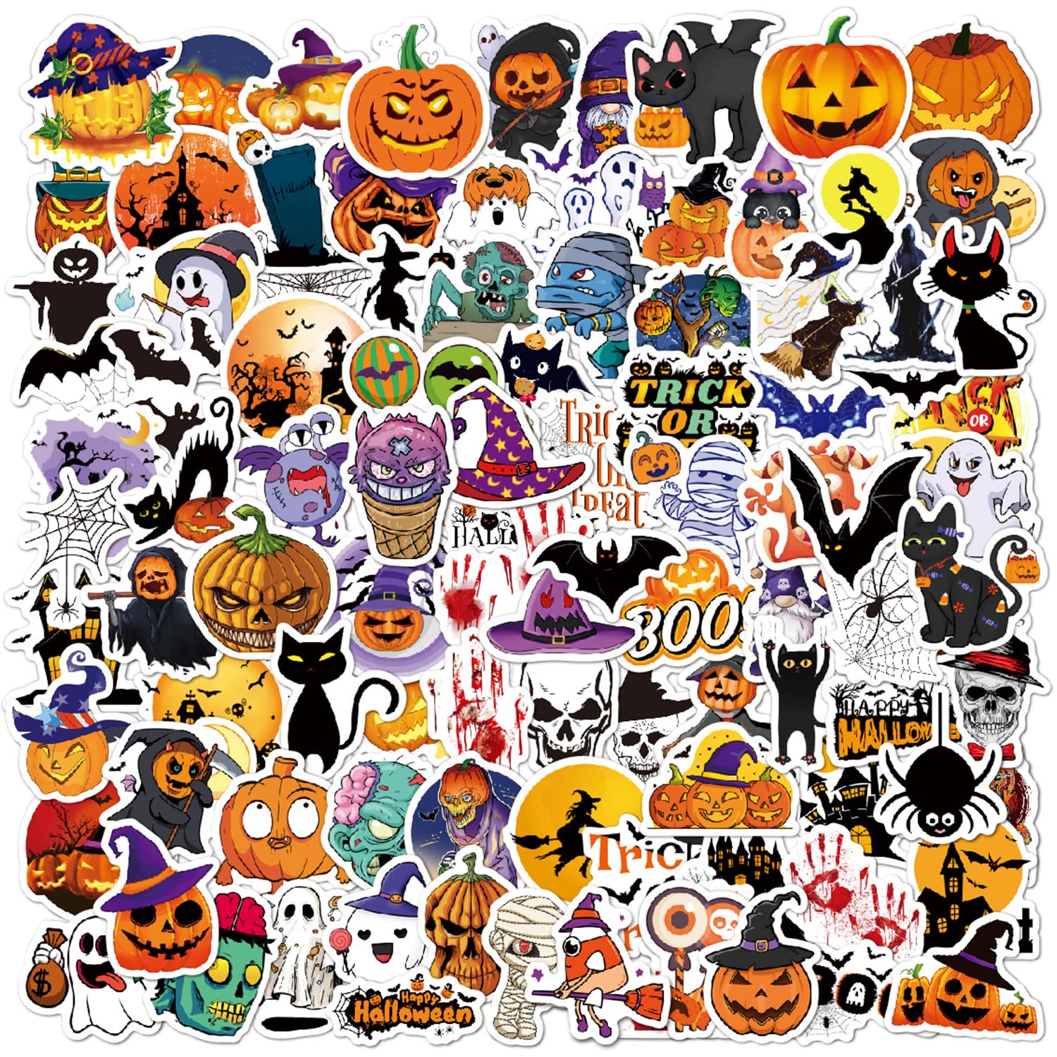 Halloween Stickers for Kids 100Pcs Vinyl Waterproof Cute Sticker Pack Crafts Scrapbook Water Bottle Laptop Skateboard Decoration Funny Cartoon Pumpkin Decals for Children Teens Adults