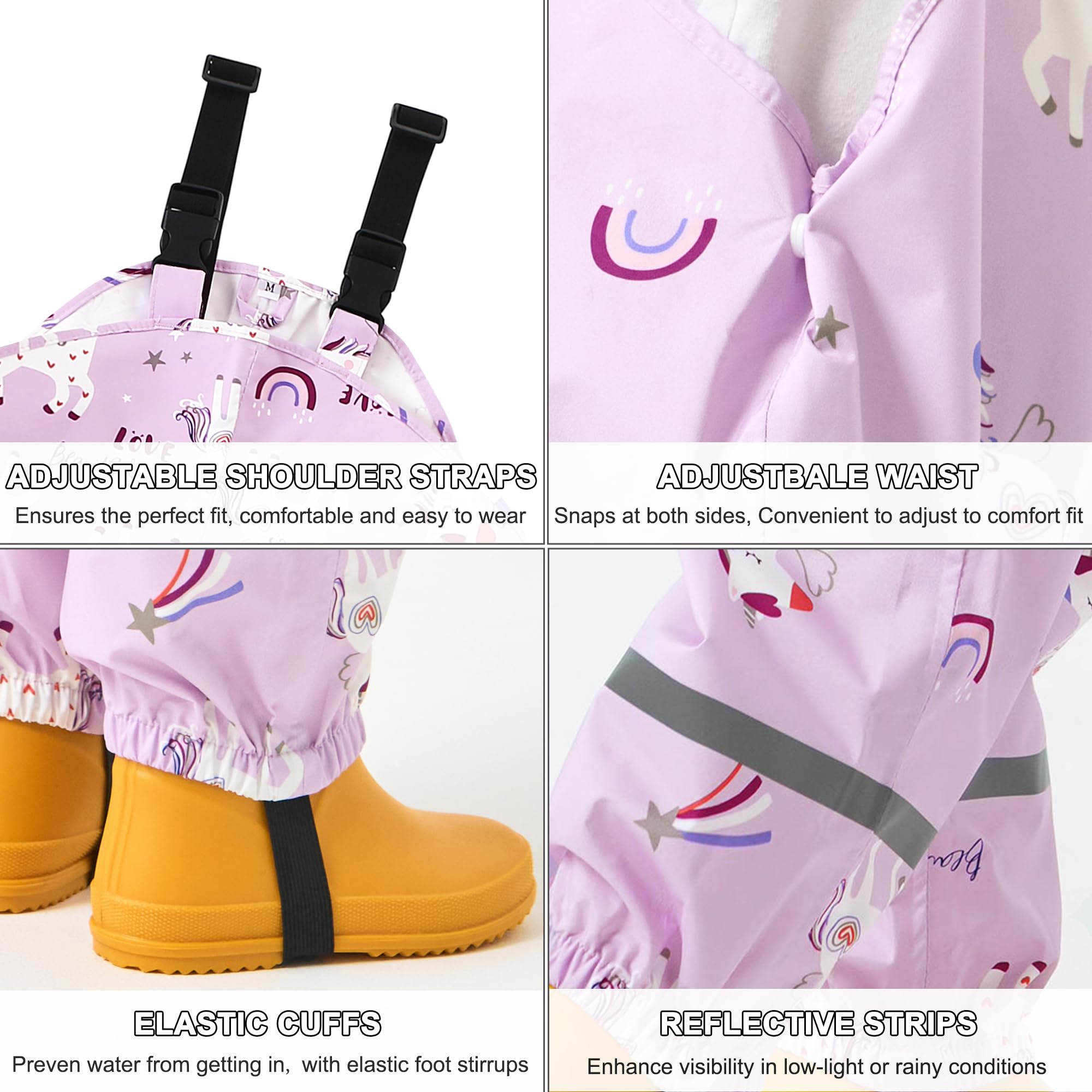 Fewlby Pantalon Impermeable Niñas, Pantalones Barro Peto de Lluvia Niños Mono Impermeable con Tiras Reflectantes Chubasquero Outdoor Traje Impermeable