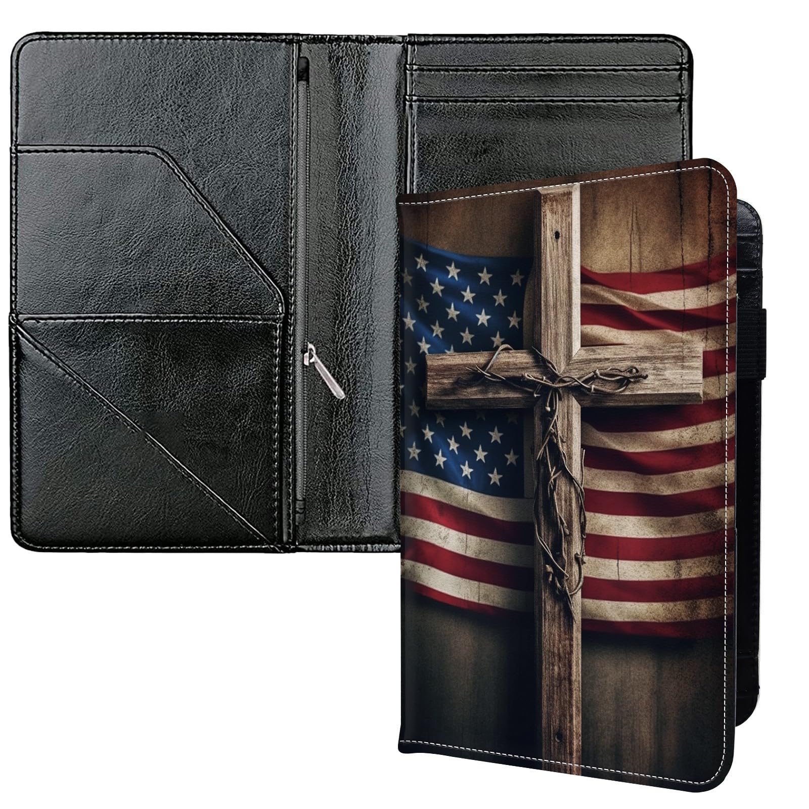 Server Books for Waitress, with 7 Large Pockets, Waiter Serving Book, Waitstaff Server Order Pads, Cute PU Leather Server Book with Pen Holder Fit Server Apron, Wooden Cross American Flag