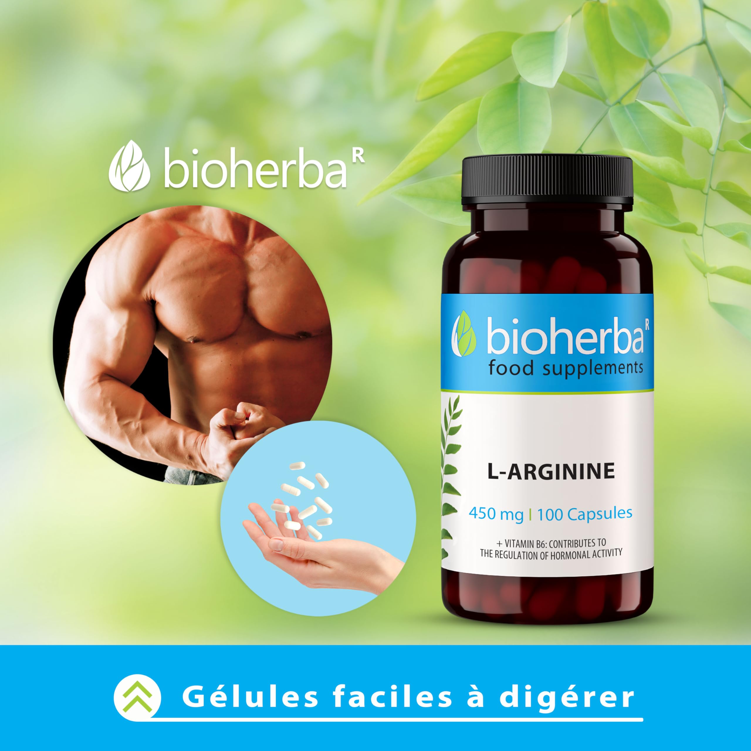 L-Arginine – 100 Gélules Fortifiées en Vitamine B6 | Jusqu’à 1800 mg par jour – par BIOHERBA