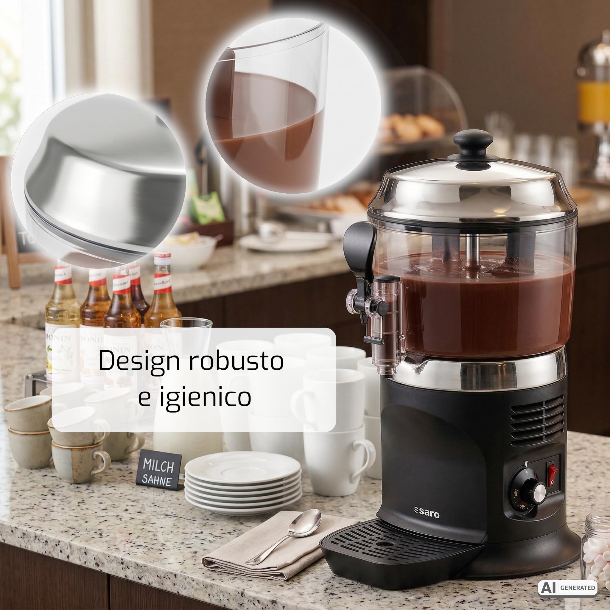 SARO NINA - Dispenser e agitatore di cacao, da 5 l, con temperatura regolabile in modo continuo da 30 a 90 °C, rubinetto, contenitore rimovibile, da 260 x 320 x 500 mm (l x P x H), 230 V, 1,1 kW