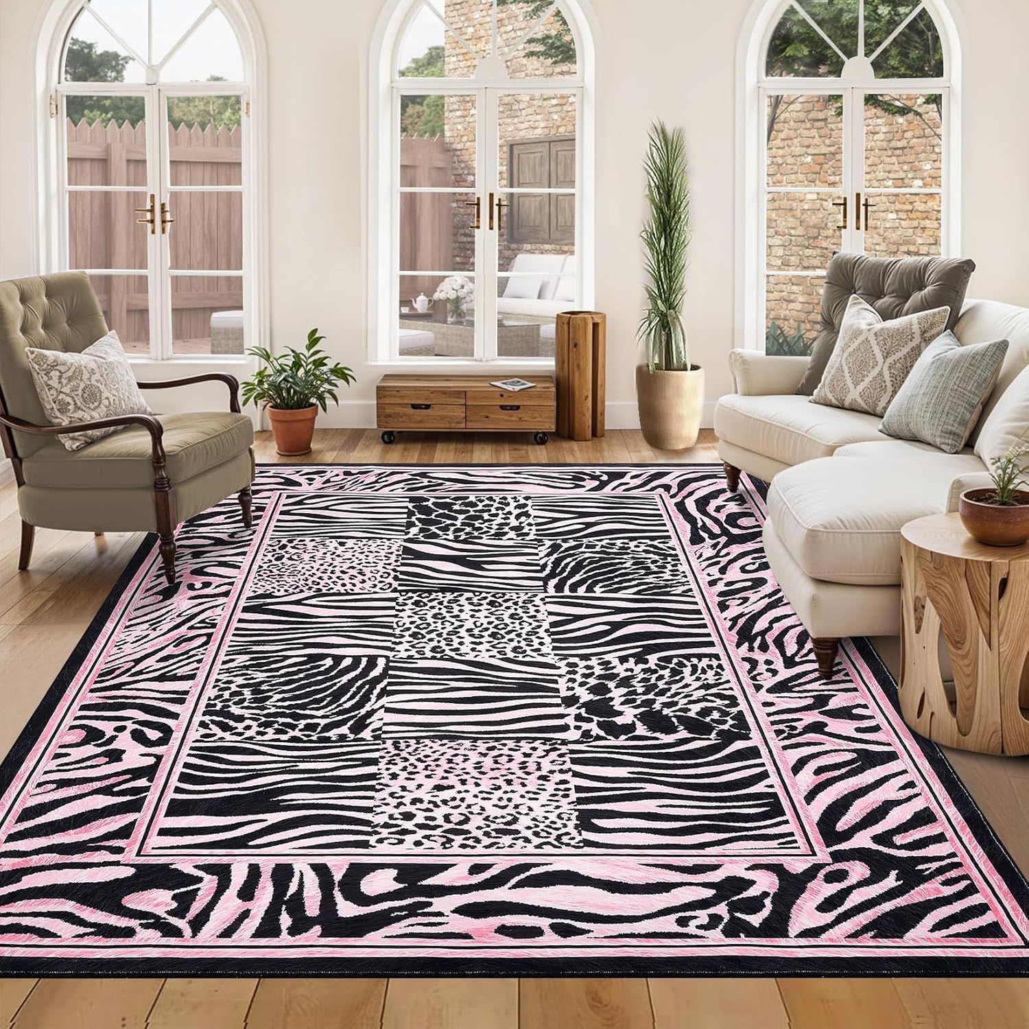 Animal Skin Print Rug, 120x180cm, Faux Fur Tiger Stripes Leopard Patchwork Pink Black Stylish Area Rugs, Premium Durable Jungle Themed Home Large Carpet for Living Room Bedroom