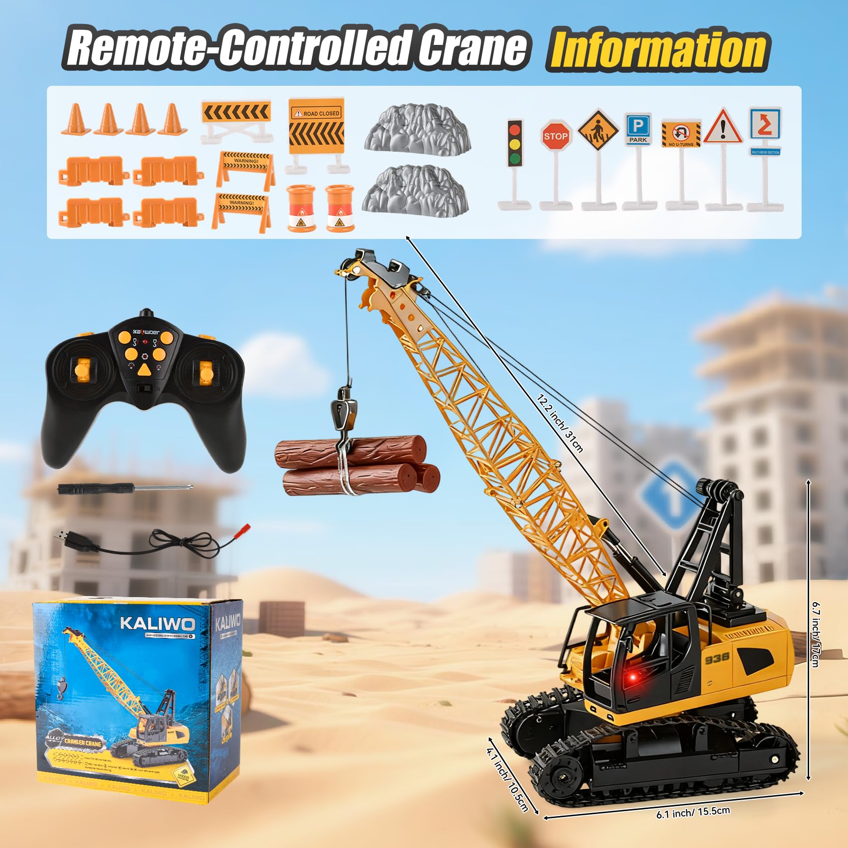 Gruas de Juguete, 2,4G Grua Teledirigida Luces y Sonidos, Camión de Construcción, Camión Grúa Juguete, Grúa Carro de Construcción, Regalo de Cumpleaños para Niños Niñas de 3 a 10 Años