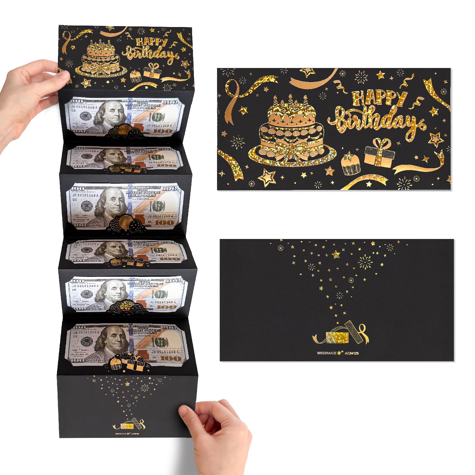 Black Gold Happy Birthday Money Envelope for Cash DIY Money Holder with 6 Slots for Cash Surprise Card