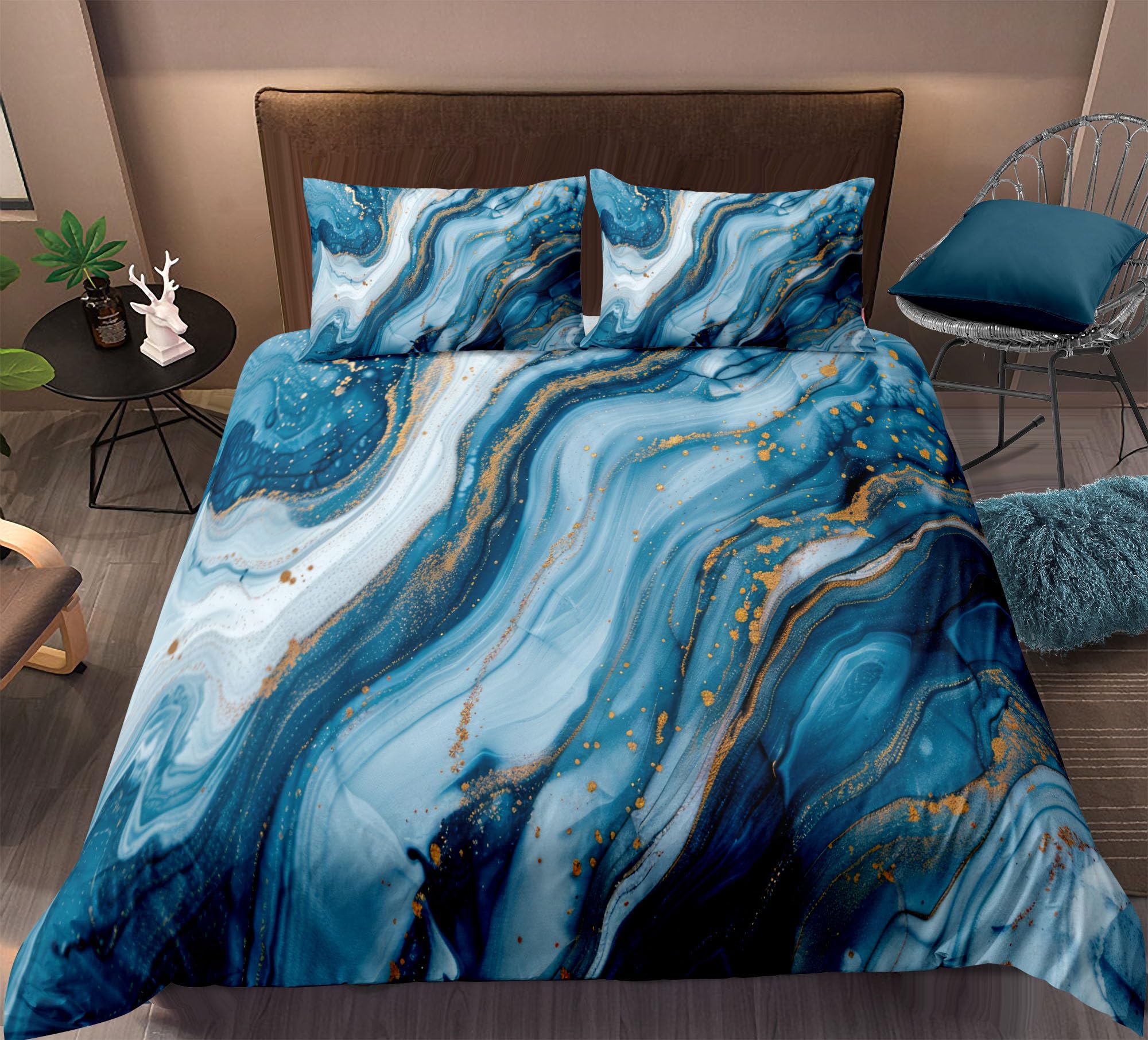 Parure de lit 260x240 marbre bleu et or en microfibre pour chambre d'ado