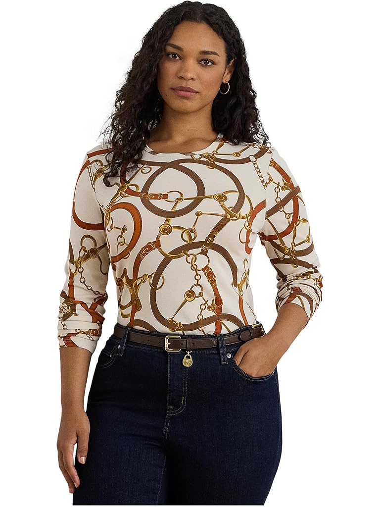 Multi Lauren Ralph Lauren Plus Size Belting-Print Cotton Long-Sleeve Tee