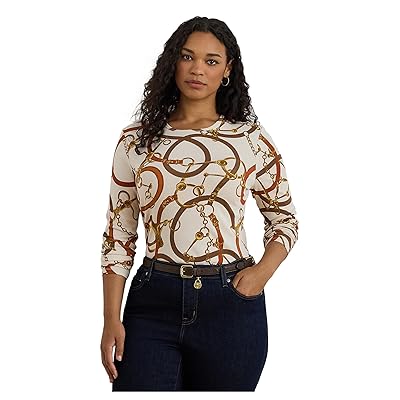 Lauren Ralph Lauren Plus Size Belting Print Cotton Long Sleeve T Shirts Women