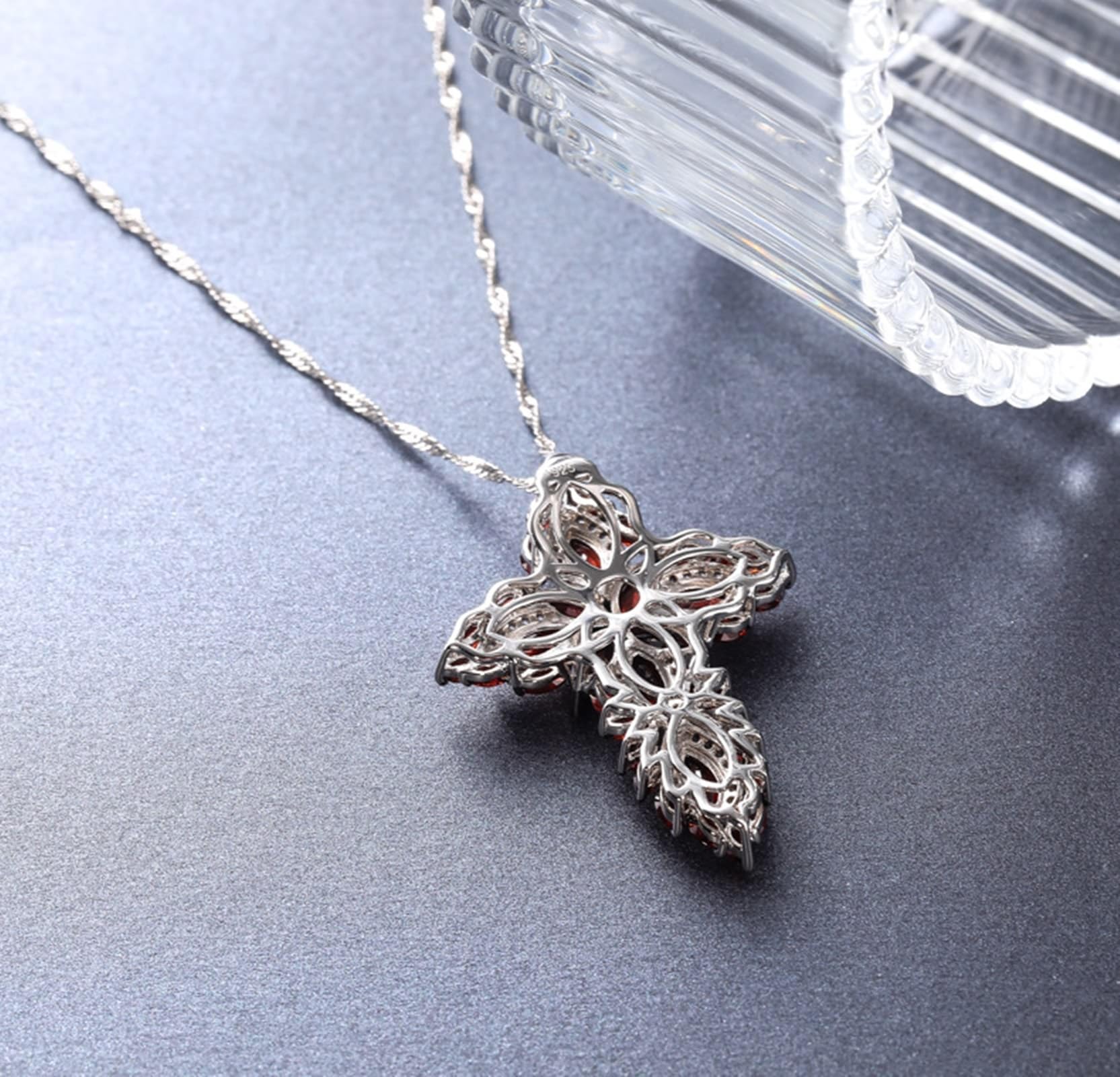 KnSam 925 Sterling Silber Halskette Echtes, Klassiker Glänzend Kreuz Anhänger mit Garnet - Rot & Marquise, Sterlingsilber Kette Damen Anhänger Zirkonia für Frauen, 45cm