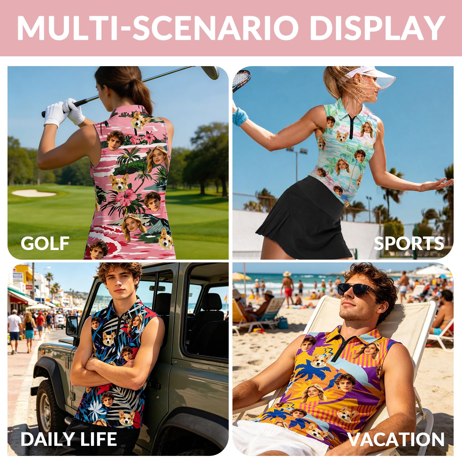 Polo sans Manches personnalisé pour Femme et Homme, Impression Photo de Visage, Hawaïen débardeur Sport pour Golf, Tennis, Running, randonnée
