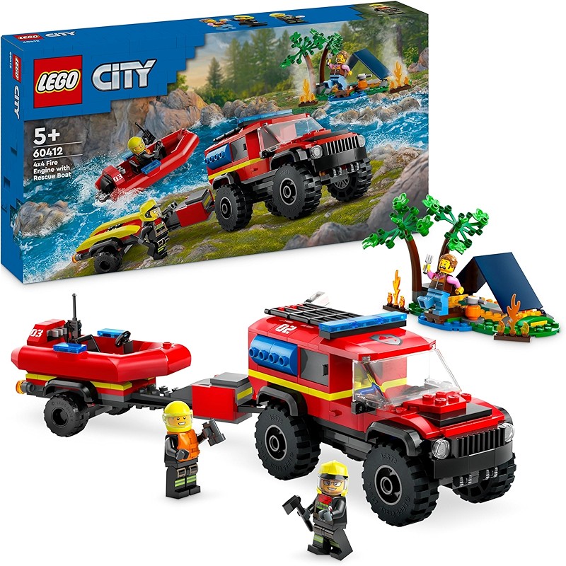 City Camión de Bomberos 4x4 con Barco de Rescate de Juguete para Niños y Niñas de 5 Años o Más, Lancha Motora, Remolque, Tienda de Campaña y Minifiguras de Excursionista y 2 Bomberos 60412