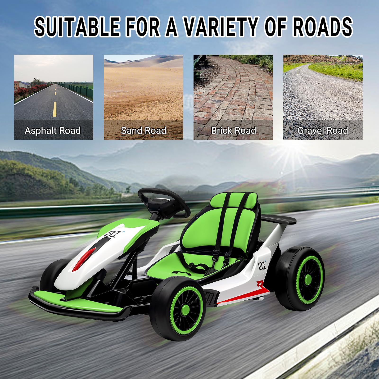 24V Electric Go Kart for Kids, Drift Cart with 2x200W Powerful Motors, 7AH Battery, Max 8MPH Drift Kart, Safety Belt, Slow Start, Music, High-Speed Crazy Cart Ride on for Kids Ages 6-12 - Green — view 7