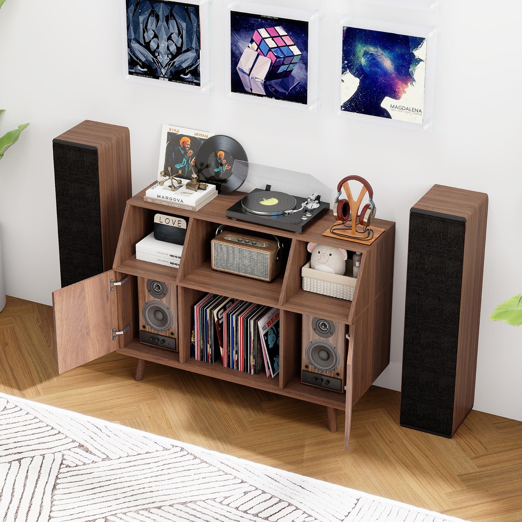 Meuble Platine Vinyle avec Rangement Bois, Meuble de Rangement Vinyle et Tourne Disque, Grande Table Tourne-Disque, Jusqu’à 350 Rétro pour Salon, Chambre ou Bureau