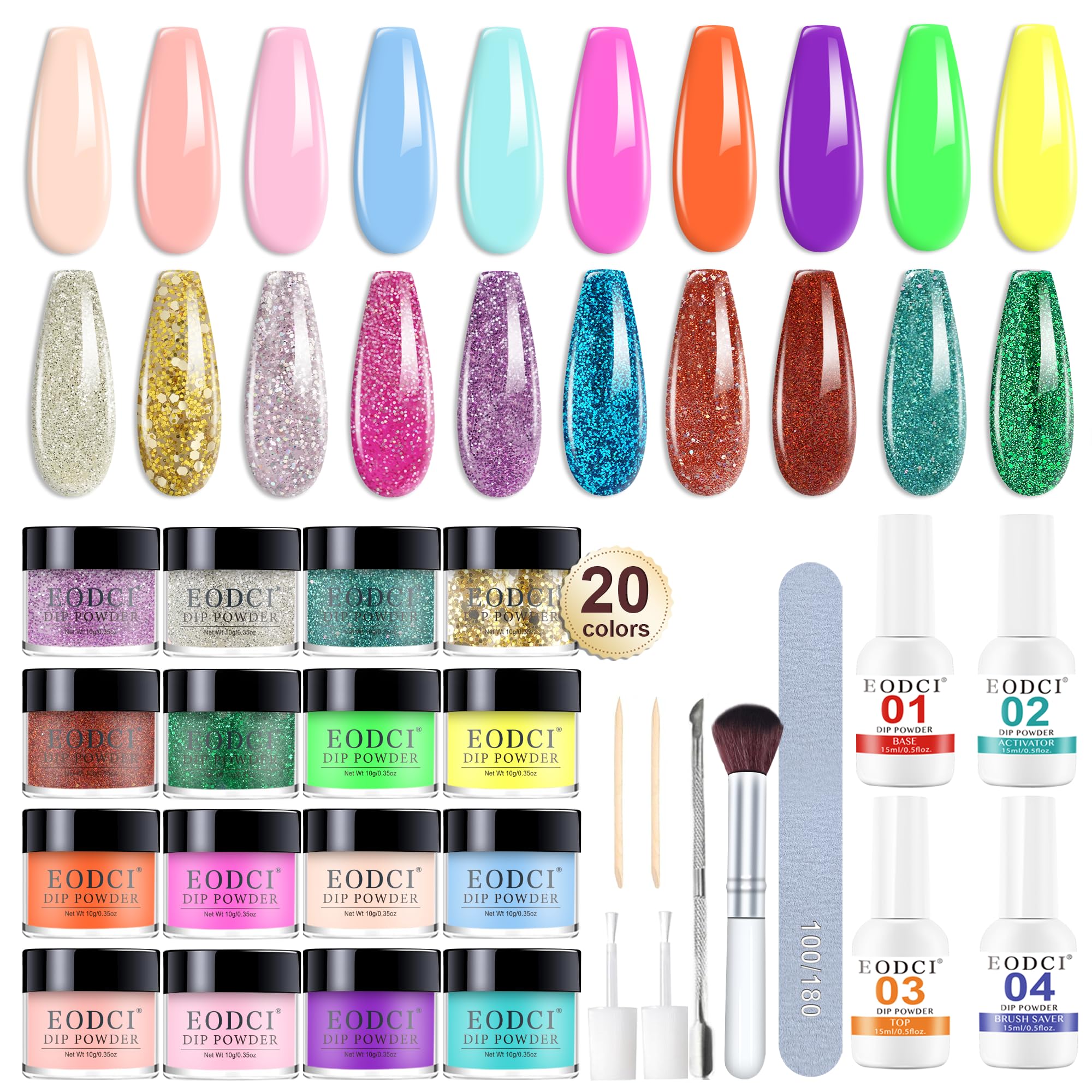 EODCI Kit Starter 31 Pezzi Dip Powder Acrilico 20 Colori Manicure French Nail Art con Base Liquida & Top Attivatore
