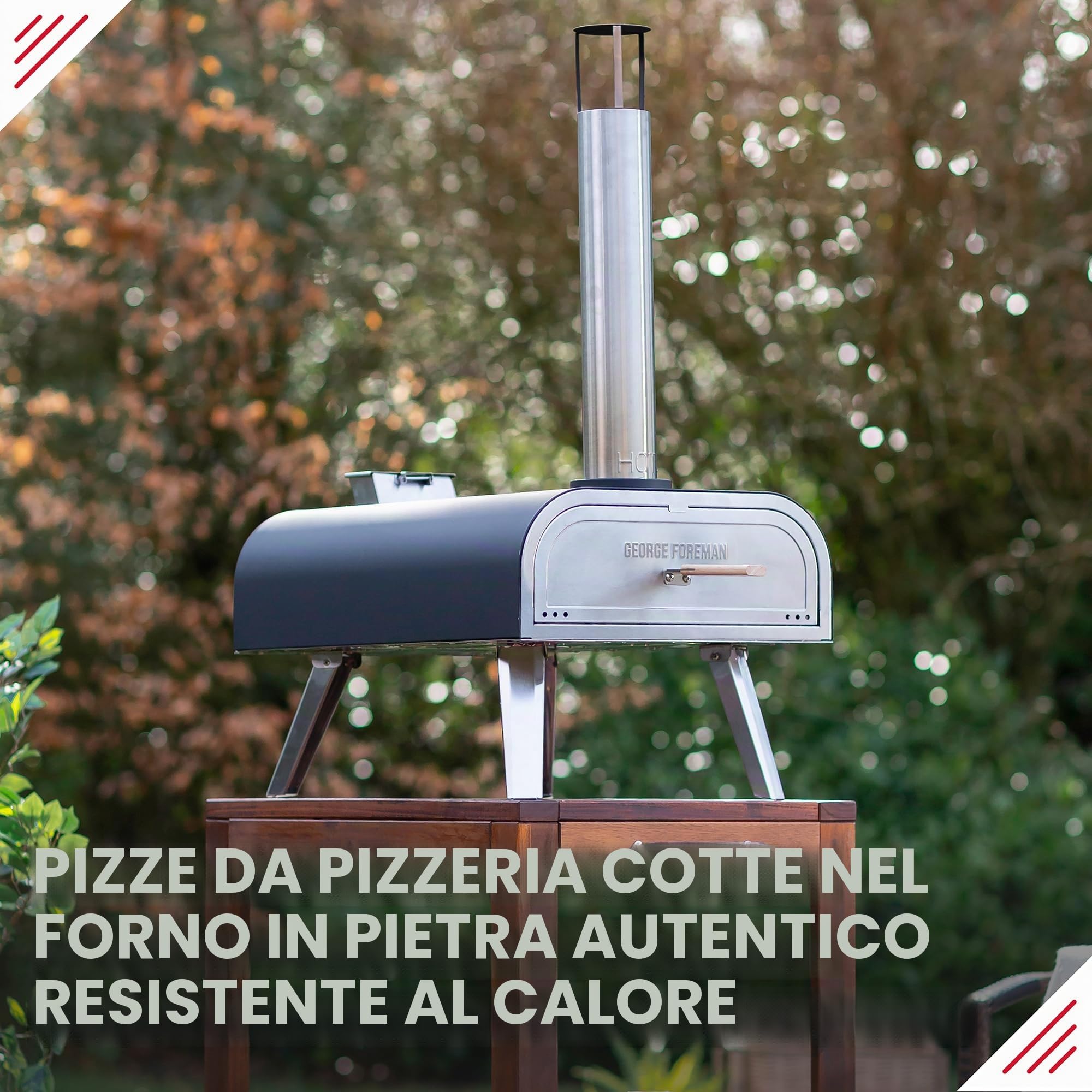 George Foreman Forno per pizza a pellet di legno portatile da esterno da 40,6 cm, nero, con pagaia e borsa per il trasporto, forno per barbecue e affumicatore, gambe pieghevoli GFWPPO2BPC