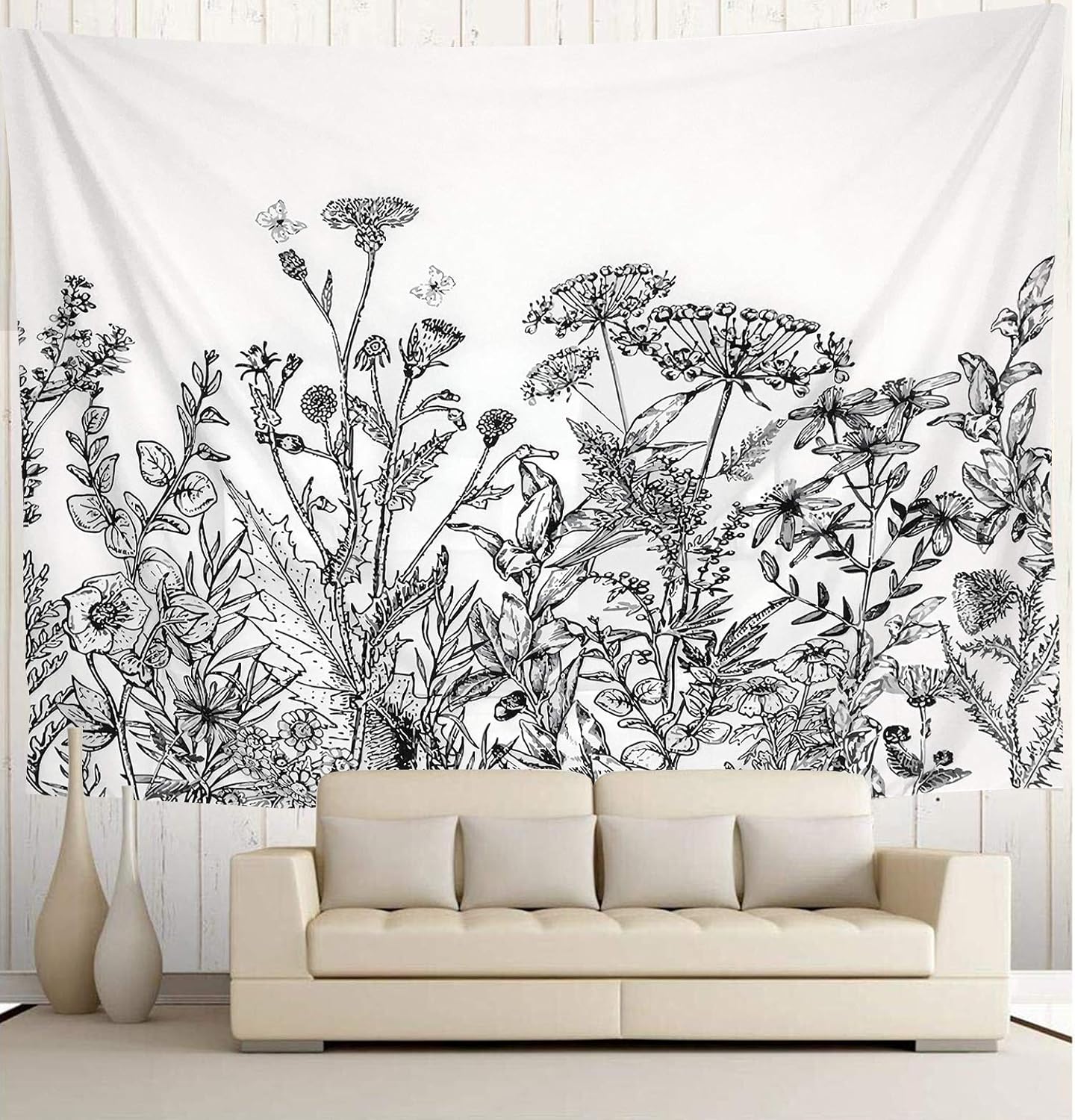 Wekymuu Black and White Floral Tapestry Plant Wall Tapestry