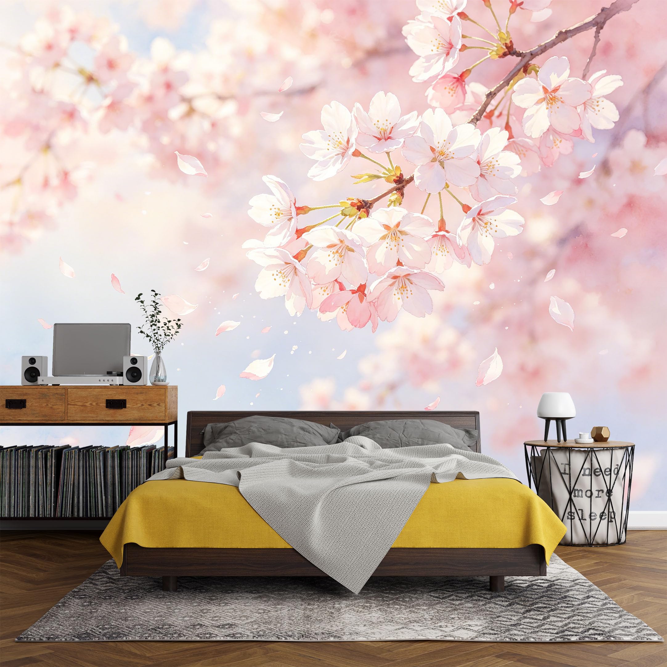 Custom Size Wall Mural， Botanical Cherry Blossom Sakura Watercolor Floral Sky，SelfAdhesive Art Prints wall Fabric (No PVC) Removable Wallpaper Living Room Decor