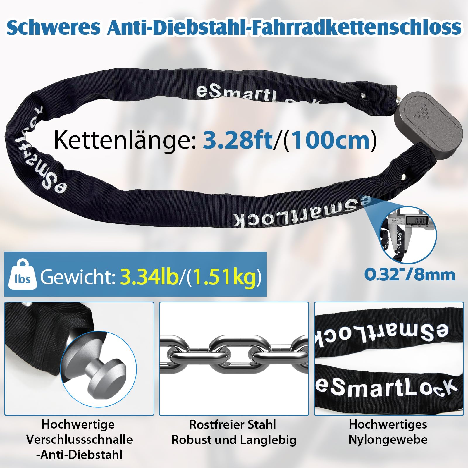 Anweller Candado para bicicleta con huella dactilar con llave, 100 cm, 8 mm de grosor, alta seguridad, resistente al agua para bicicleta/e-scooter/bicicleta eléctrica/MTB/motocicleta/bicicleta de