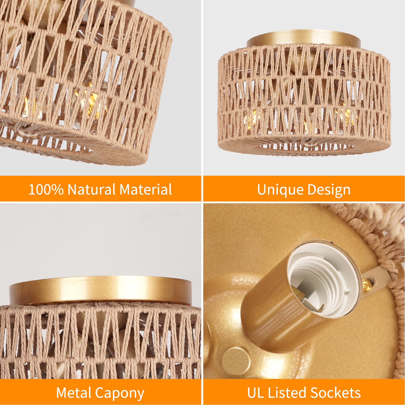 FRIDEKO HOME Deckenlampe Boho,3 Flammig Deckenleuchte Vintage mit Rattan Lampenschirm Hängelampe E27 Fassung für Wohnzimmer Esszimmer Schlafzimmer Küche Flur