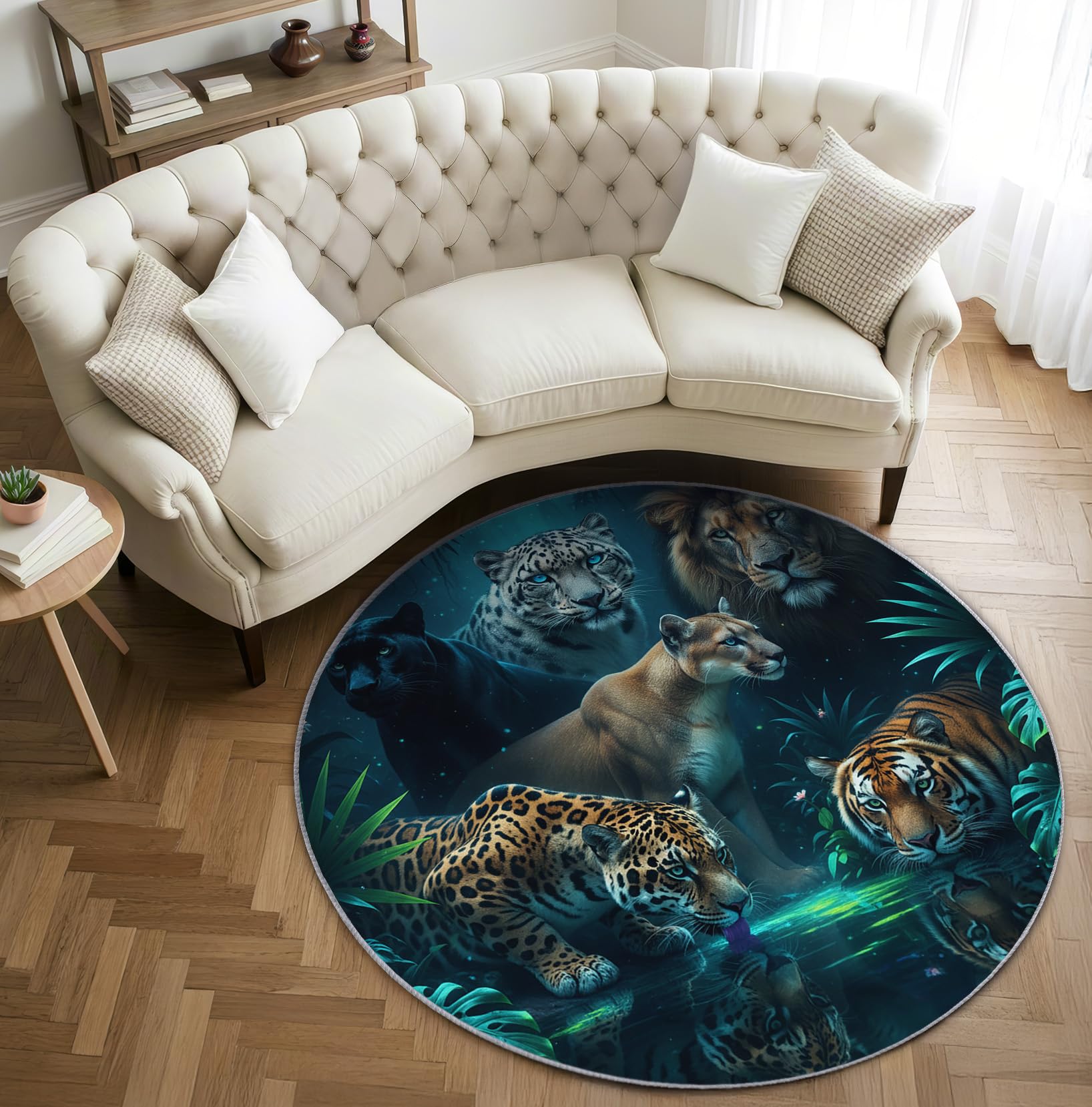 Wilde Tiere Teppich Rund 120cm Kurzflor - Waschbare Teppiche Wohnzimmer Tiger Leopard Löwe Panther Tiermotiv - Runder Teppich 120 Durchmesser Kinderzimmer - Bettvorleger rutschfest Weich