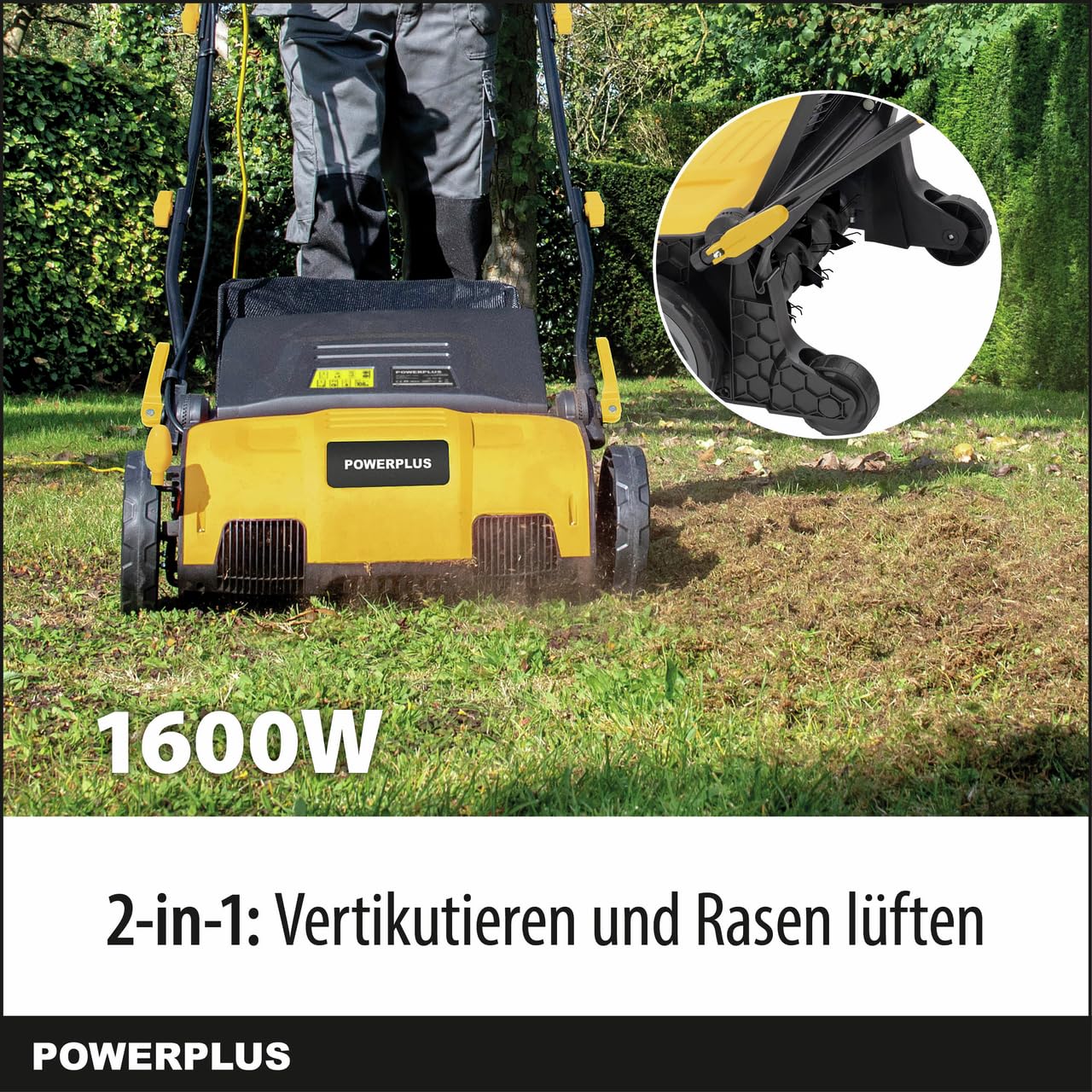 Powerplus Elektro-Rasenvertikutierer POWXG75160-1600 W und 360 mm Schnittbreite, 2-in-1-Lüfter und Elektro-Vertikutierer für Ihren Garten