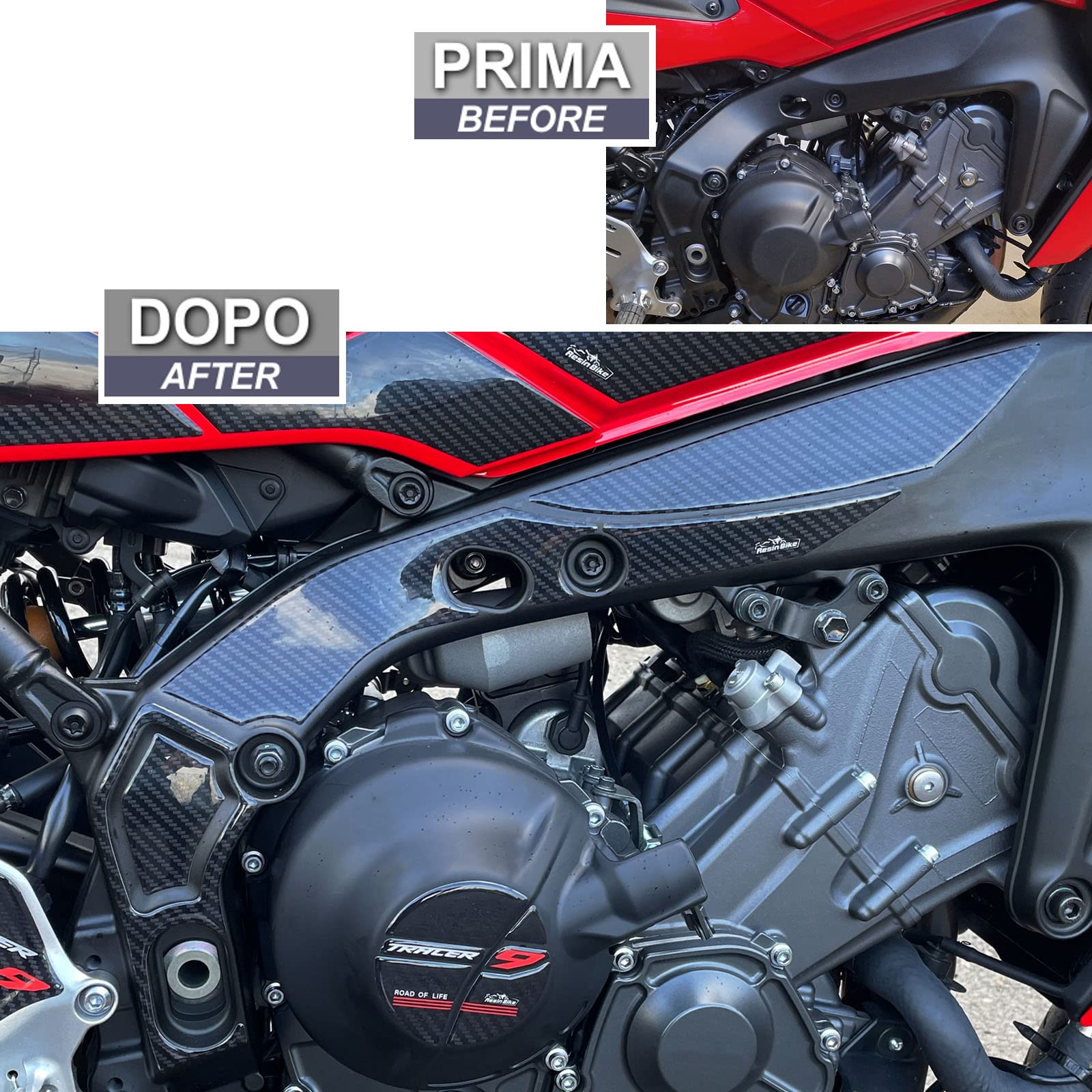 Resin Bike Adesivi Scooter Compatibile con Yamaha Tracer 9-9 GT/MT-09 2021-2026. Protezione Carter/Fianchetto Laterale Motore Antigraffio e Antiurto. Adesivi Resinati Effetto 3D Made in Italy