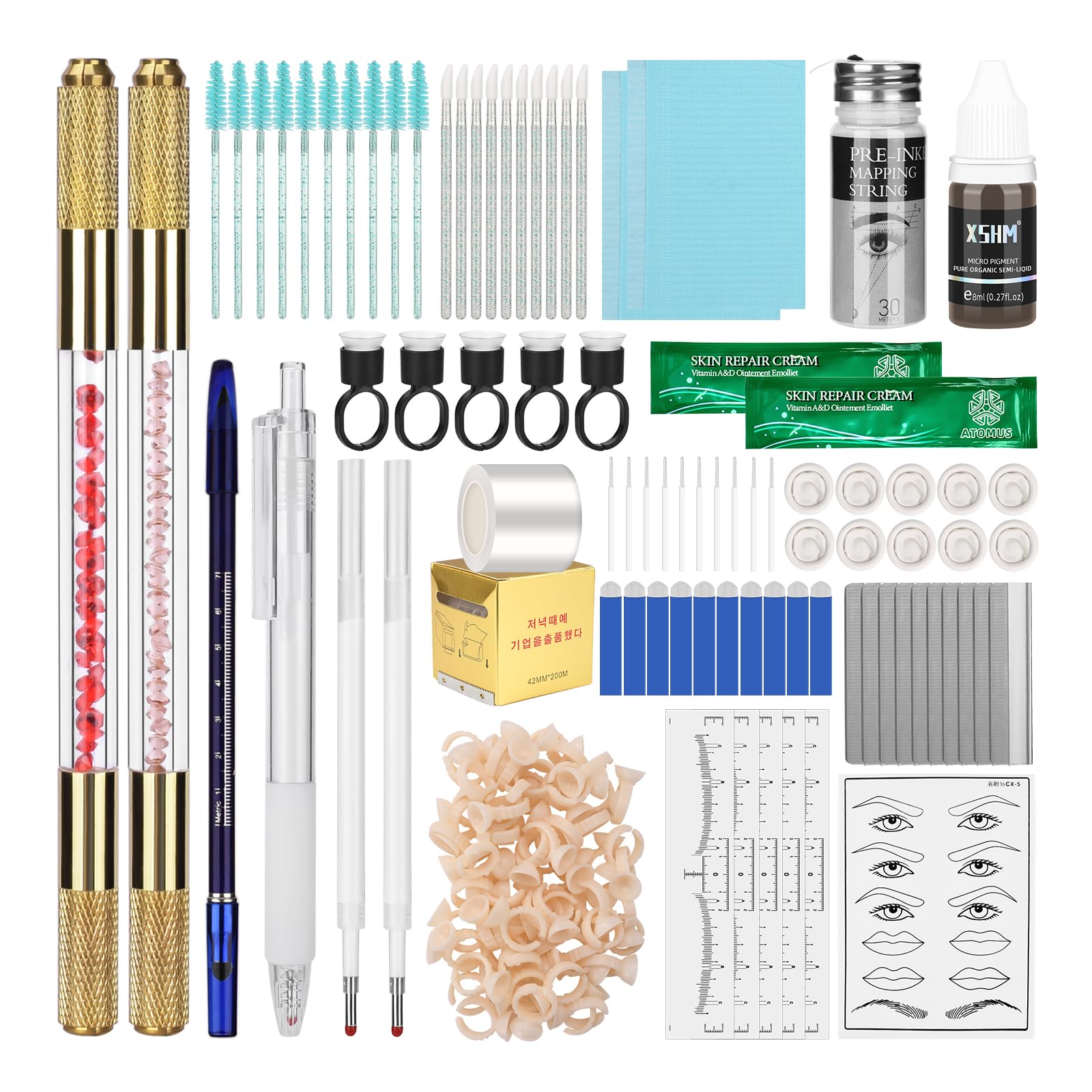 ATOMUS Kit de microblading dorado completo semipermanente, herramienta para tatuaje profesional, 2 unidades, bolígrafo manual de cejas 18U 3RL, suministros de tatuaje