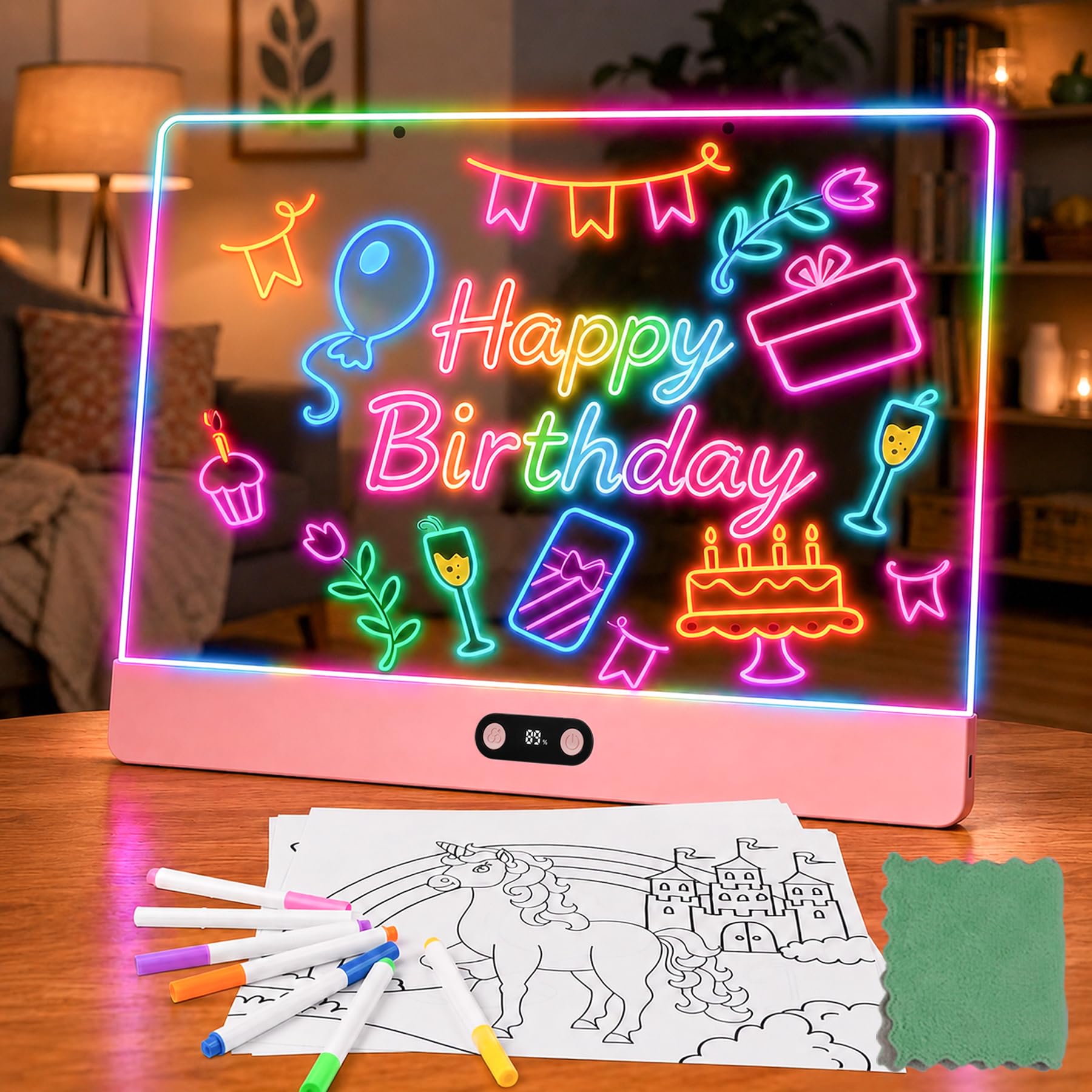 Lavagna LED Acrilica Riutilizzabile | 35x26cm Rosa, 8 Colori, 7 Pennarelli, Display Batteria Digitale, Lavagna Luminosa per Bambini, Ufficio, Bar