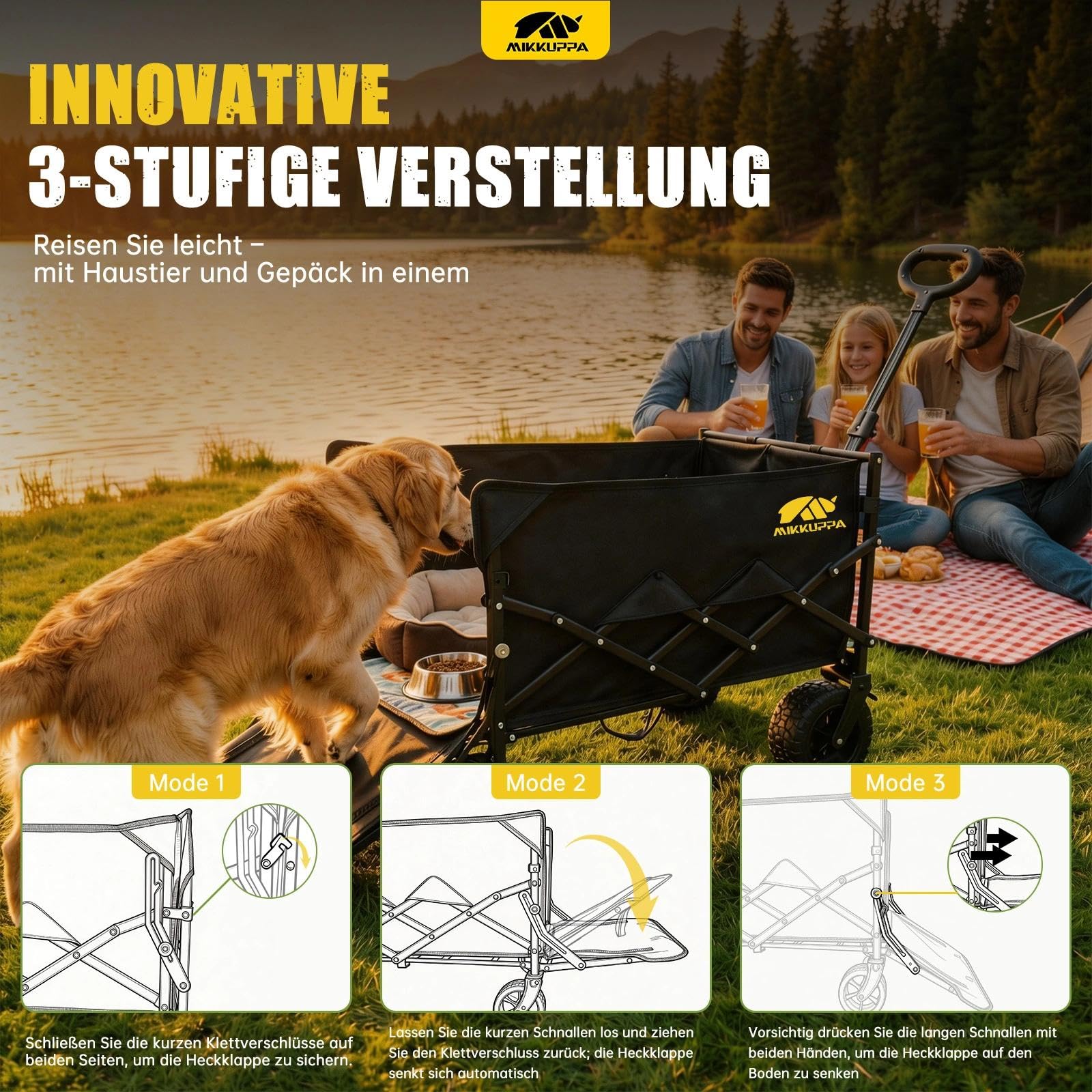 MIKKUPPA Faltbarer Bollerwagen 150L 170KG Tragkraft, Anthrazit Handwagen | Geländetauglicher Handwagen für Haustiere, Outdoor, Strand, Park, 3-fach Höhenverstellbar