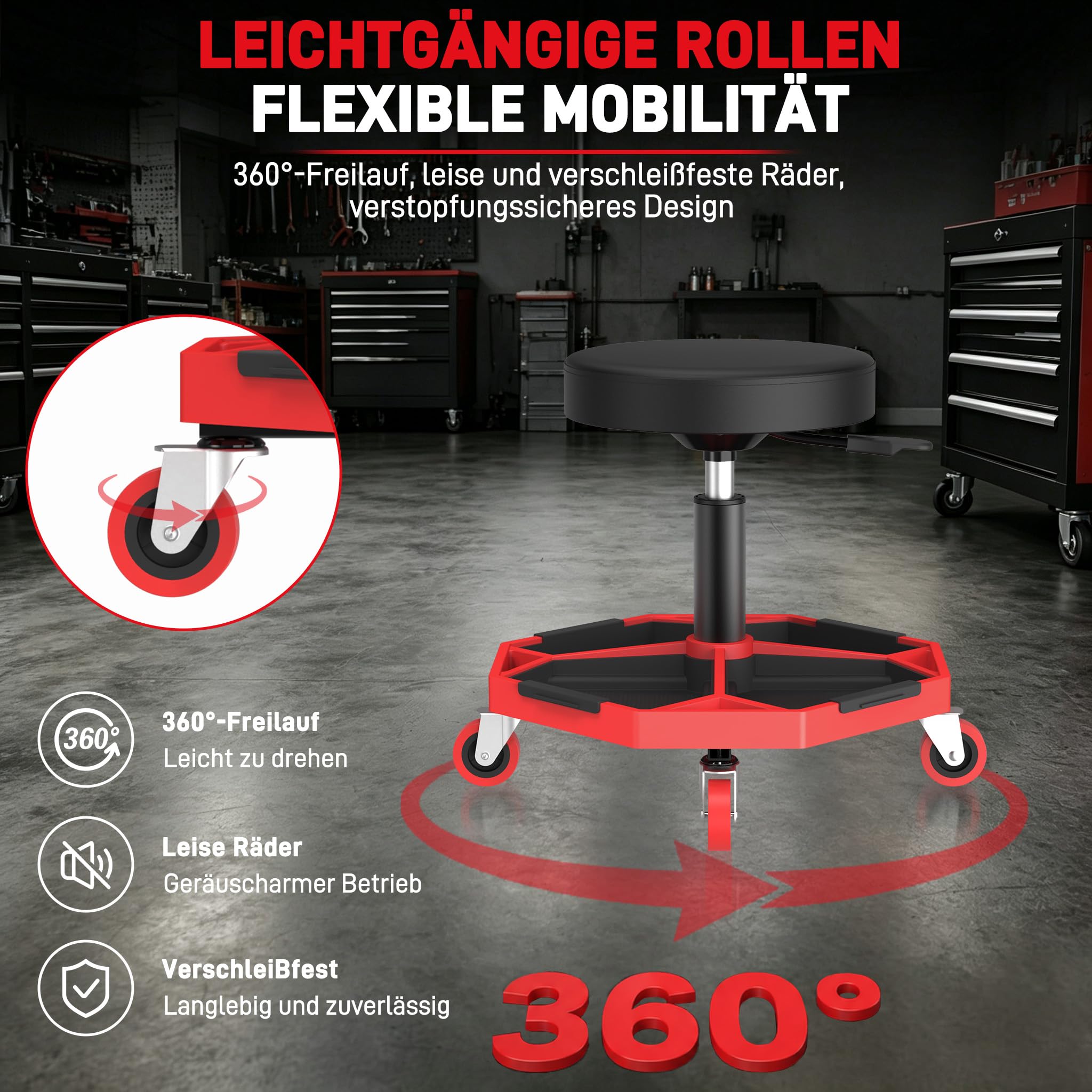 XMTECH Taboret warsztatowy z kółkami, regulacja wysokości, 150 kg, półka na