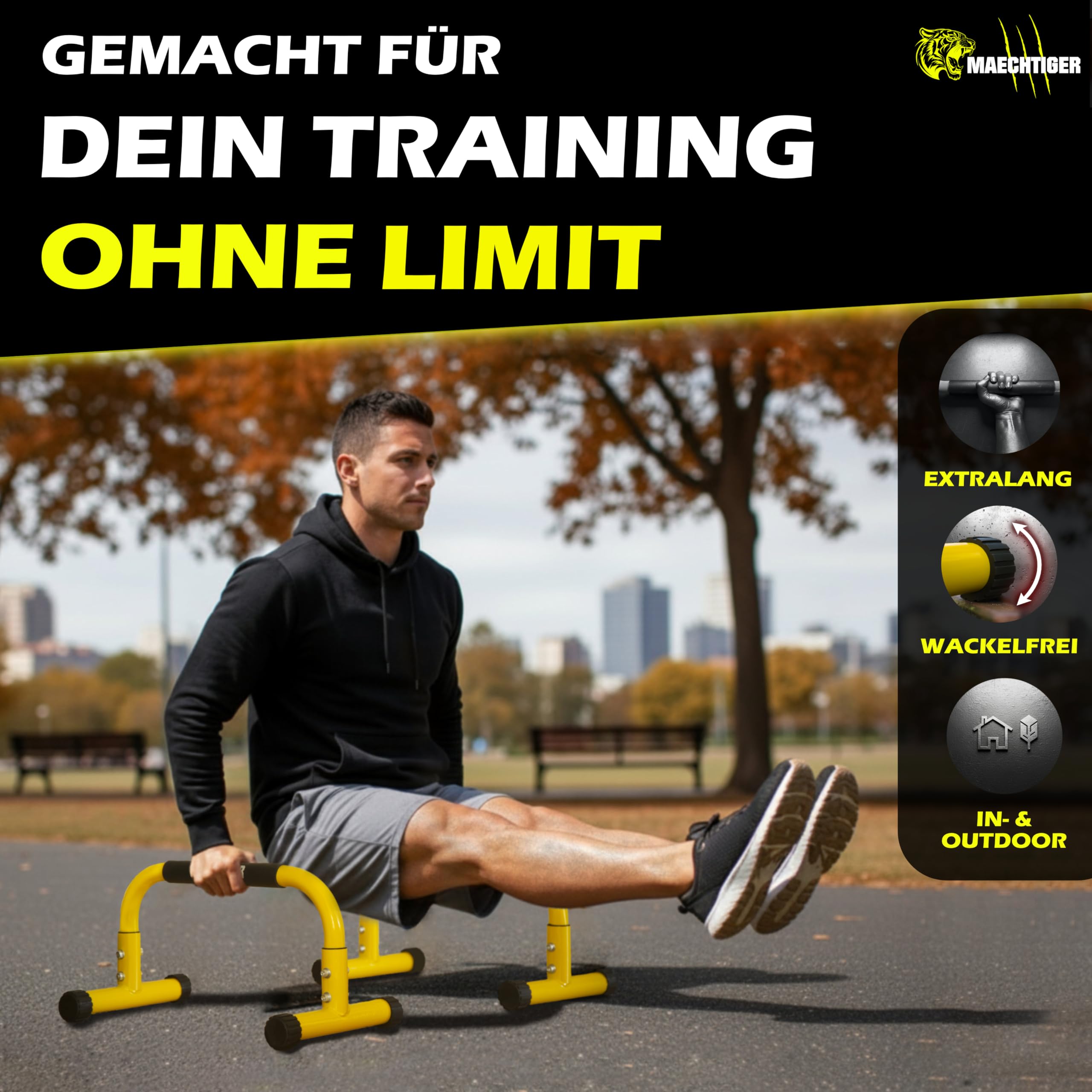 Premium Parallettes - extralange Liegestützgriffe/Push Up Bars aus Stahl - mit Ausgleichsystem für stabilen Stand - rutschfest & gelenkschonend - für Calisthenics, Fitness, Indoor & Outdoor