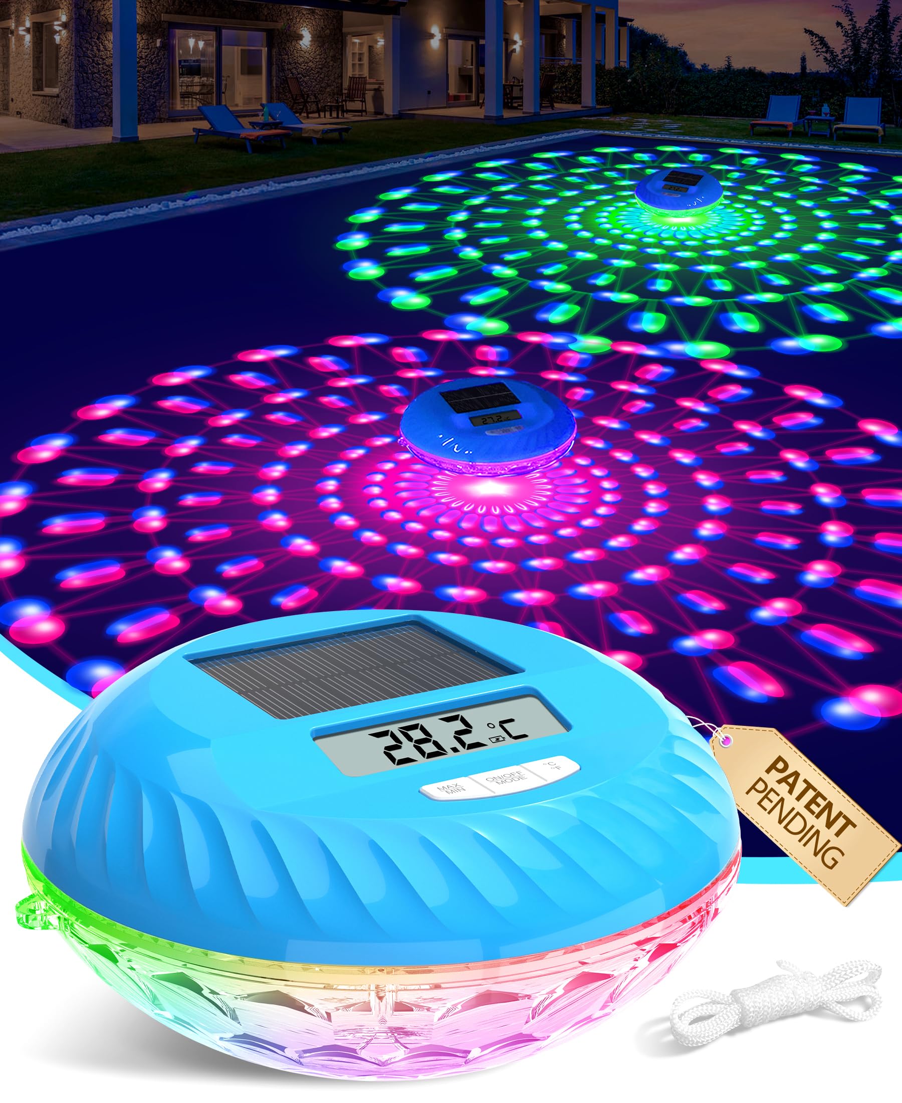 LuxBlue 2 in 1 Termómetro Piscina Flotante y Luces Piscina, Termómetro Piscina Solar con Espectáculo de Luz Subacuática, IP68 Impermeable Termometro Piscinas Digital Fácil de Leer, Ultrapreciso