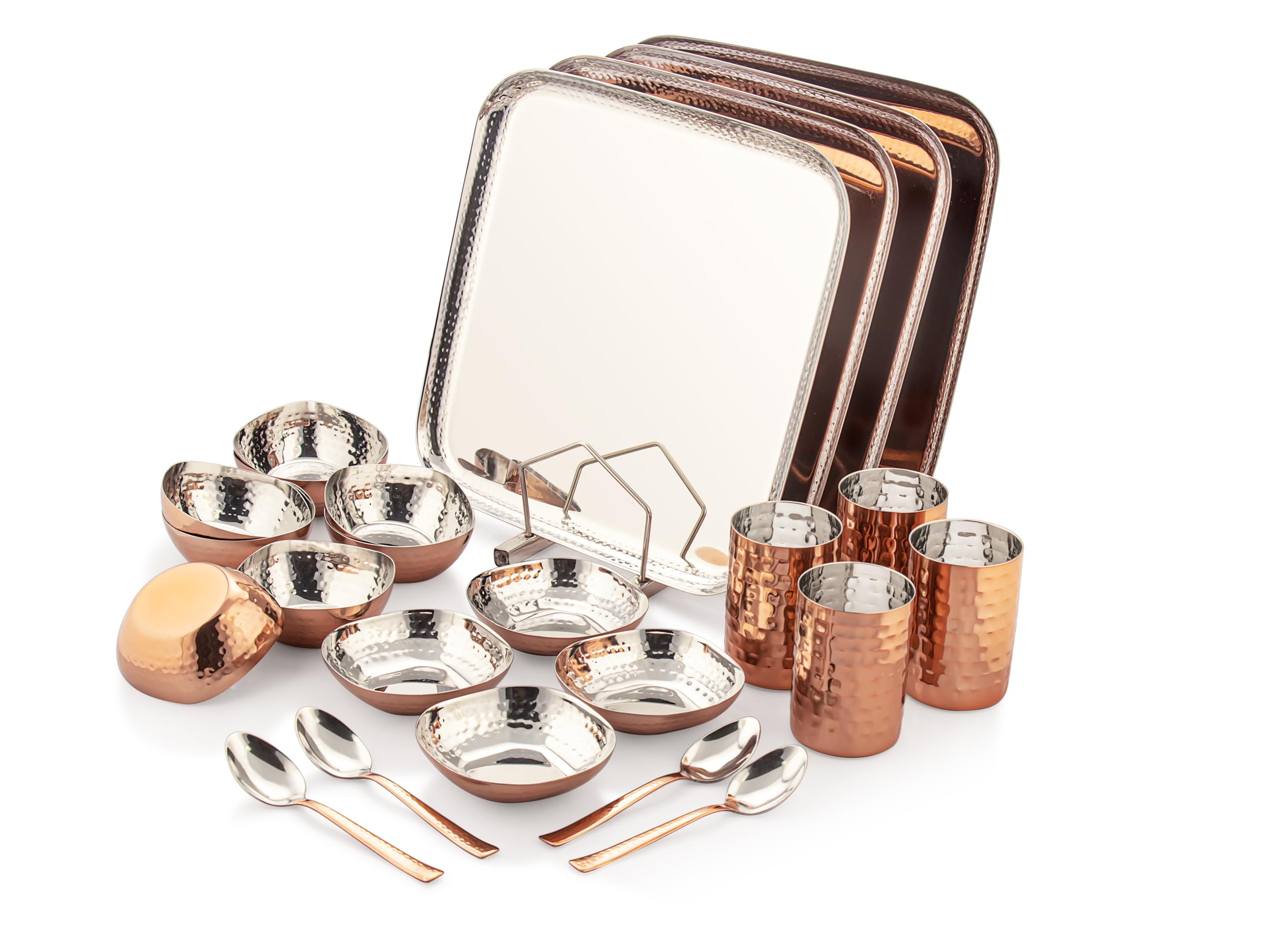 Silverglow Premium Stainless Steel Copper Dinner Set for 4 People | Square Family Dinner Set | 24-Piece Gift Pack | Dinner Plates, Bowls, Spoons, Tumblers | Festive Gift | Wedding, Diwali, Rakhi