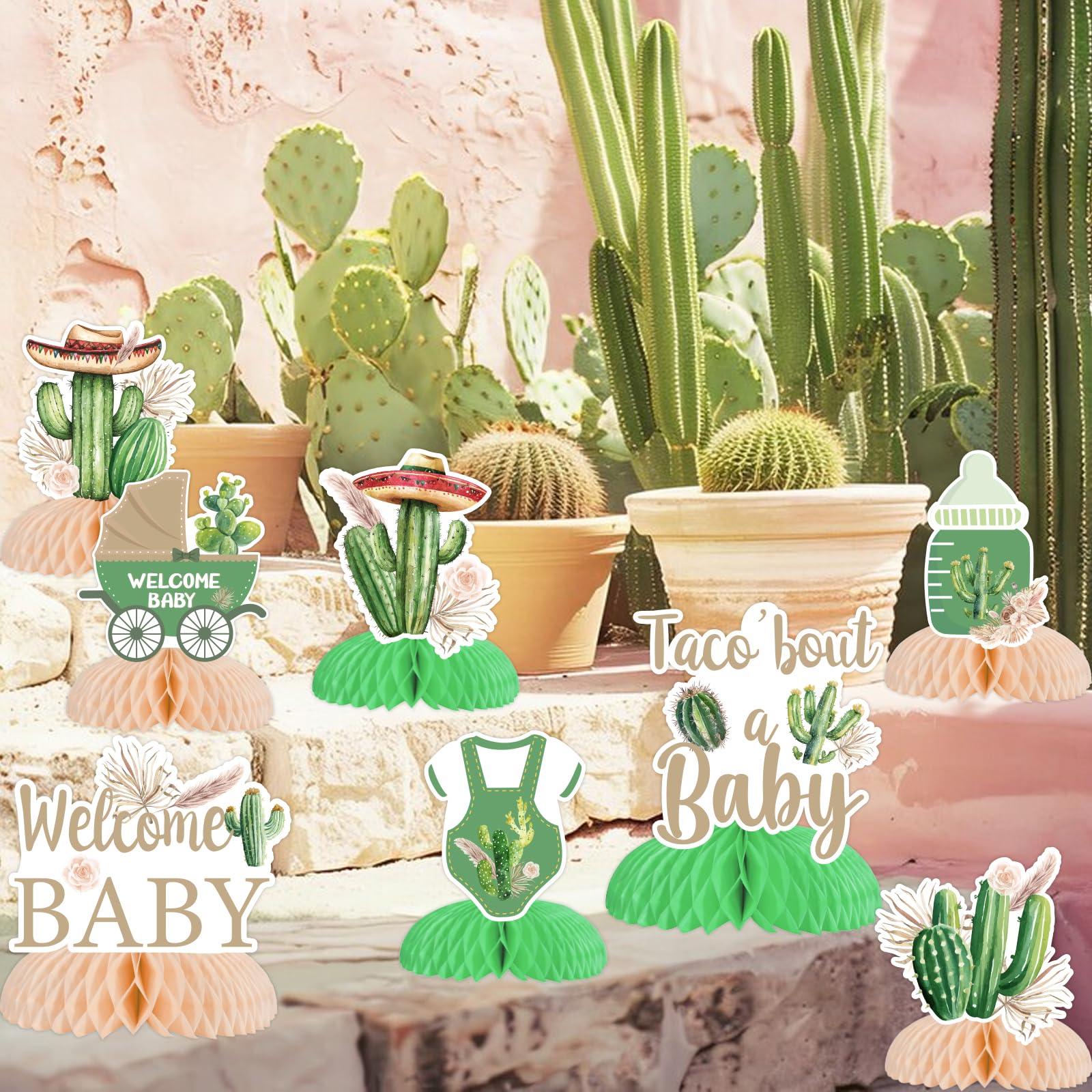 JOYMEMO 8Pcs Cactus Baby Shower Honeycomb Centerpieces, Mexican Fiesta Succulent Table Centerpieces Taco Bout A Baby Decor - Image 4