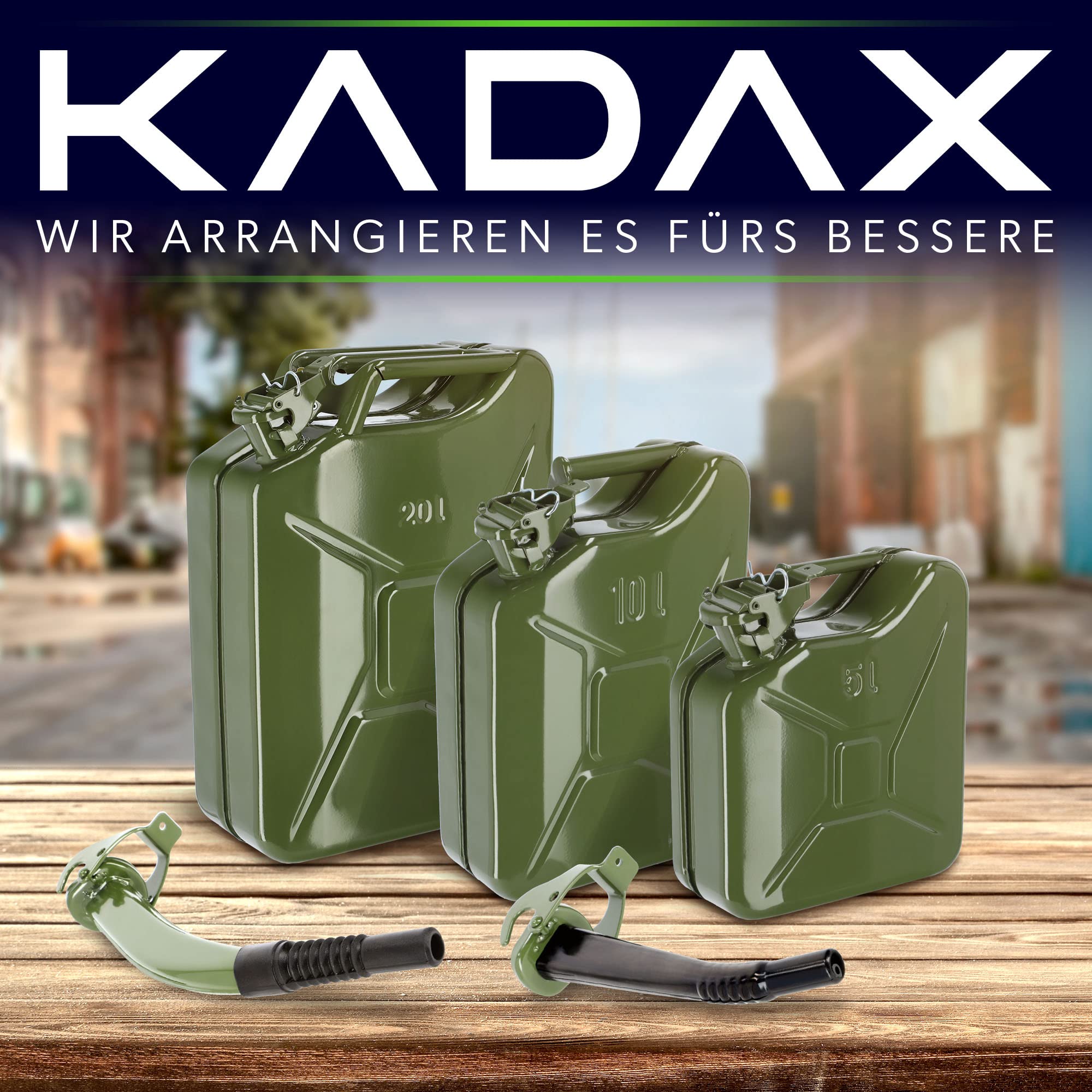 KADAX Bidón de gasolina de 10 L, acero recubierto de polvo con mango y boquilla, contenedor de gasolina duradero con sello hermético (verde)