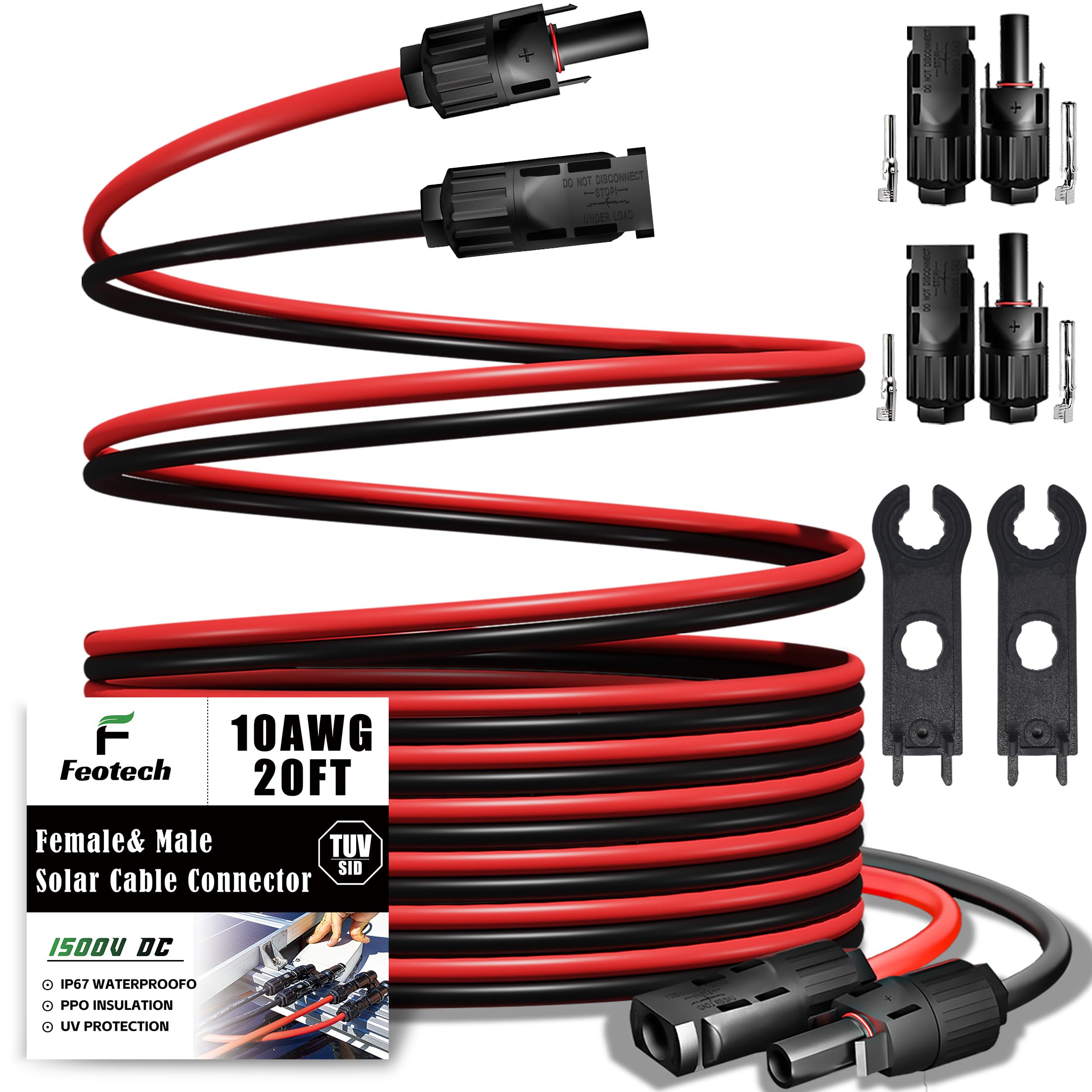 Feotech Twin Wire 20FT Solar Extension Cable - 10AWG (6mm²) Solar Panel Connector, with IP67-Male/Female Solar connectors for Outdoor Automotive RV Boat Marine Solar Panel- Black & Red