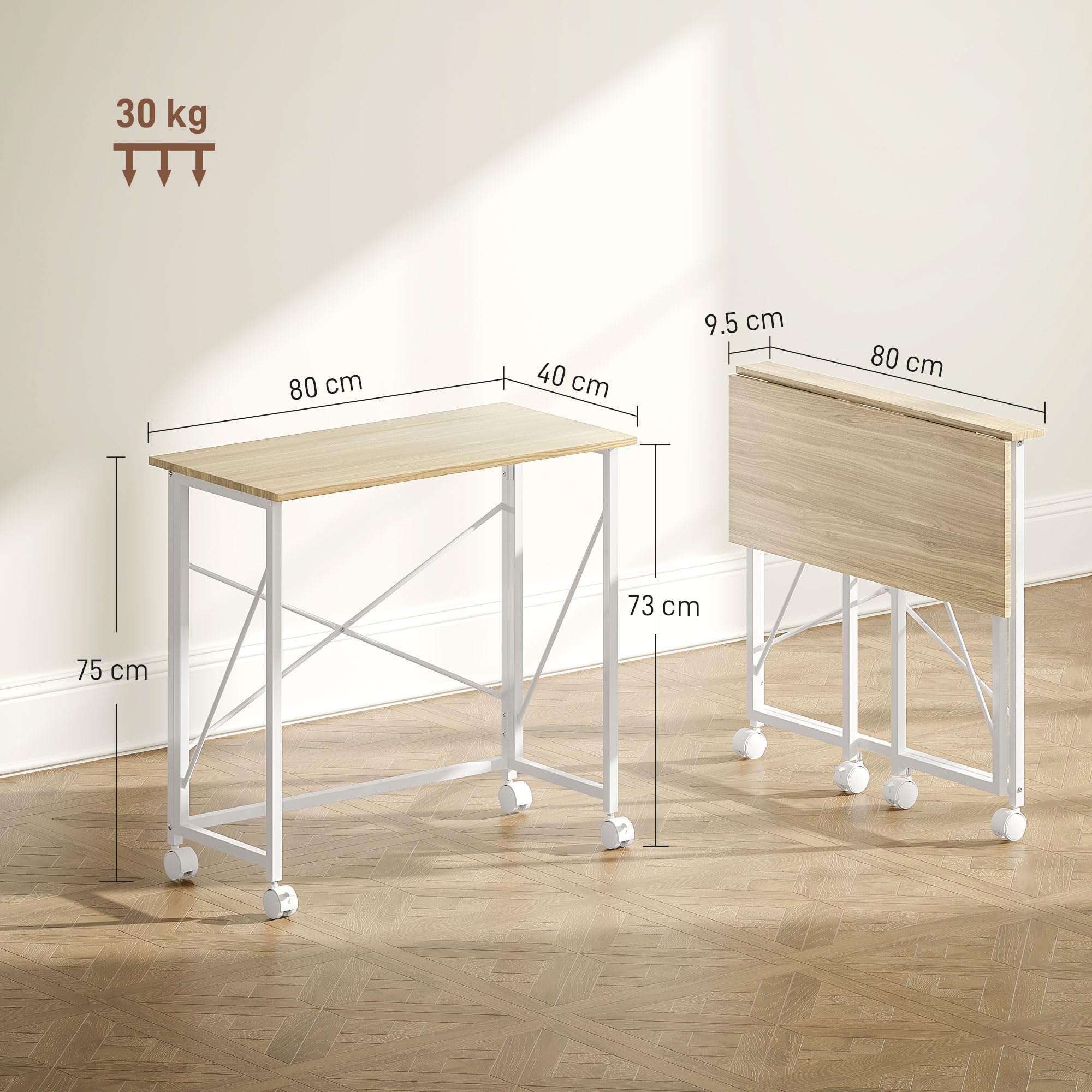 HOMCOM Scrivania Salvaspazio Pieghevole Portatile 80x40x75 cm Rovere | Scrivania Piccola, Ruote Frenanti, Tavolo Computer Richiudibile, per Studio Casa Ufficio