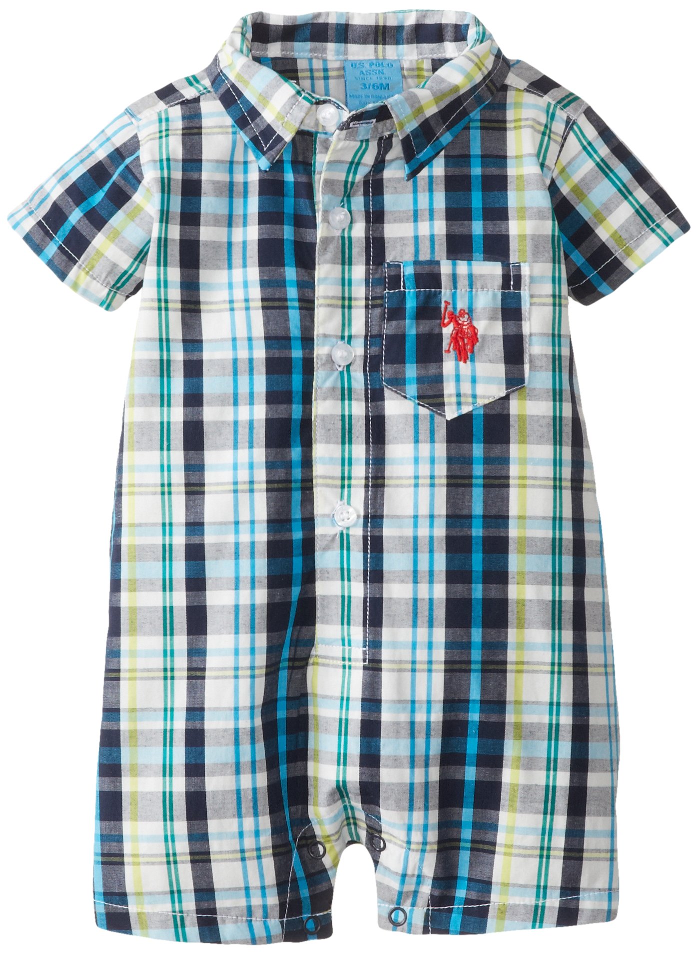 U.S. Polo Assn. Baby-Boys Newborn Cotton Poplin Plaid Button Front Romper