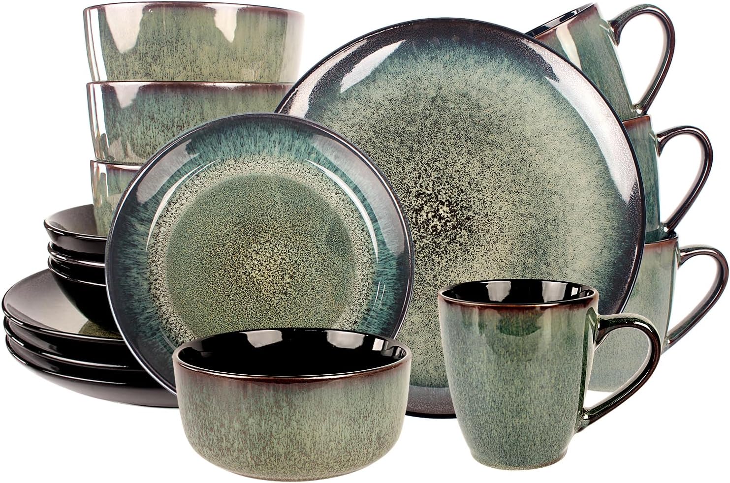 Dinnerware Sets(16Pcs) Serves for 4, Reactive Glaze Plates and Bowls Set with Mug,8.3"Salad Plate,10.6"dinner Plate,5.5"bowl, Modern kitchen tableware,Microwave safe, Set No.2