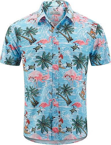 Vista 2 de GRTXIN Camisas de Navidad para hombre, camisa hawaiana de Papá Noel para vacaciones, camisas de vestir de manga corta con botones