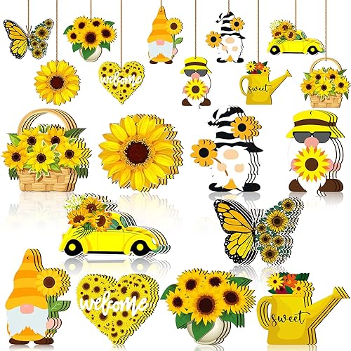 Miniatura 1 de Adorno de madera de gnomo de girasol, diseño de gnomo de flores amarillas, colgante de madera para árbol de verano con cuerda para suministros de