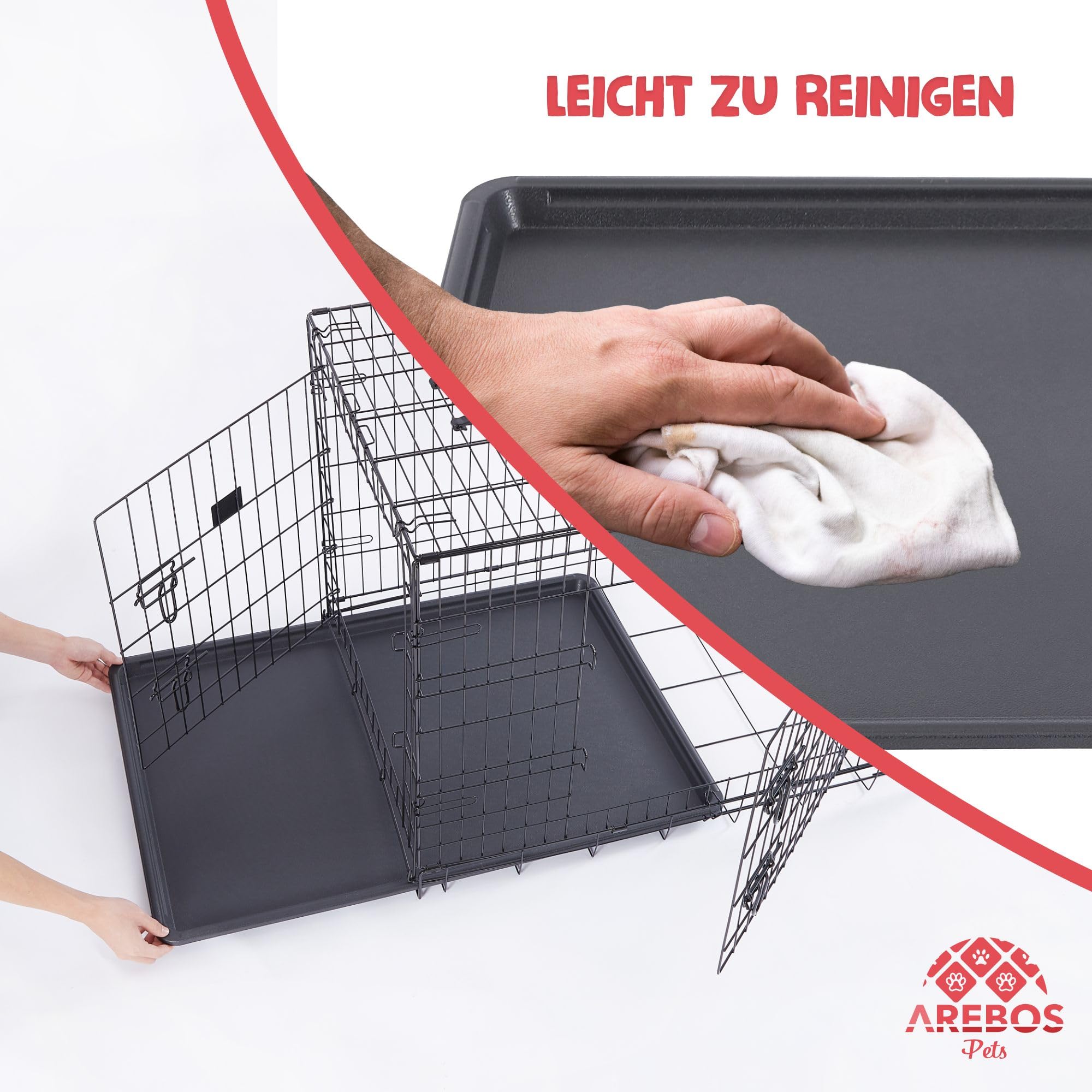 Arebos Hundekäfig 92,5 x 60 x 66 cm | Hundetransportbox Auto klappbar | Hundebox faltbar | Transportbox Hund mit 2 Türen | Hundekäfig für Zuhause | L Schwarz