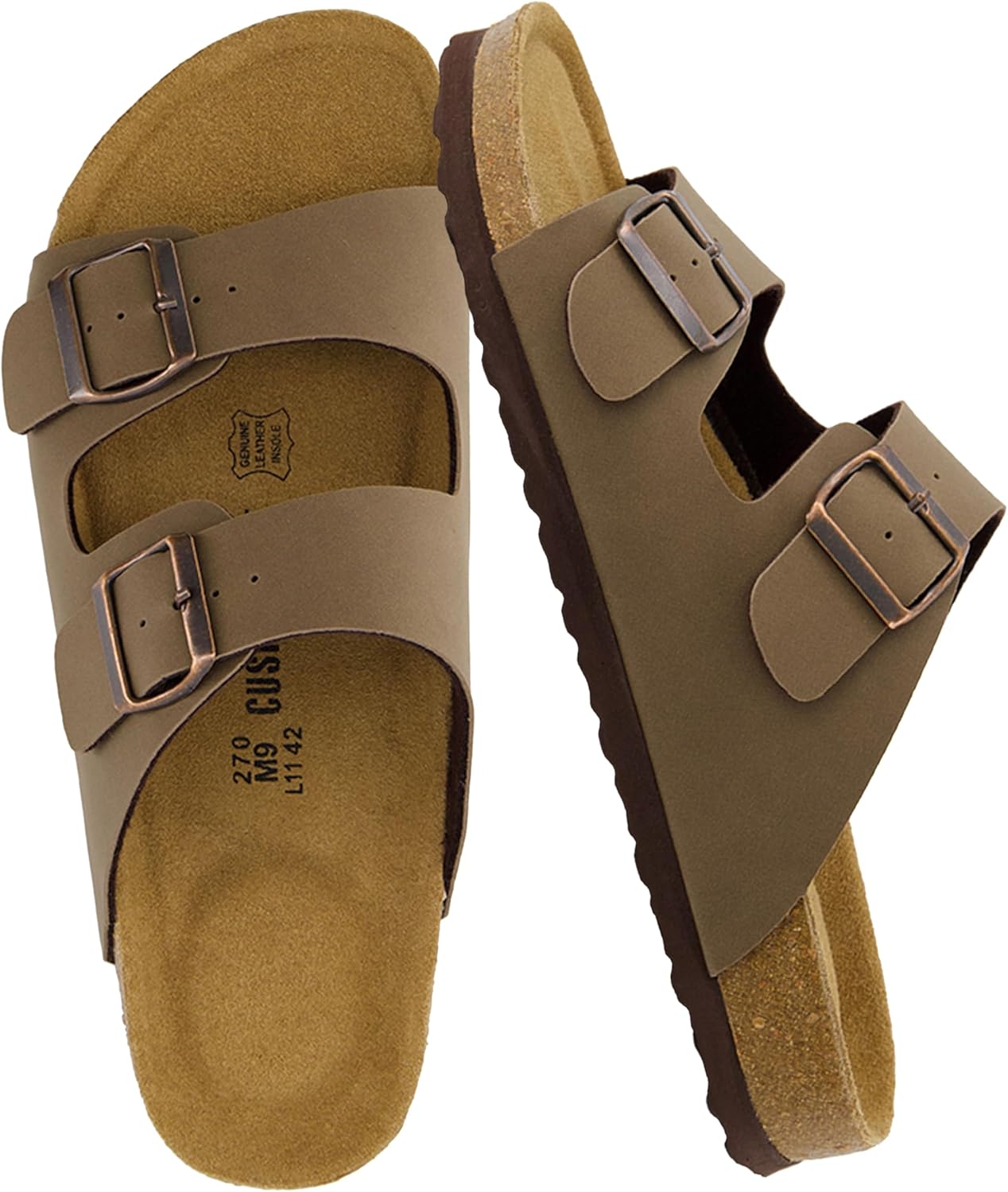 CUSHIONAIRE Lane Cork Footbed Mens Sandals, Adjustable Buckle Comfort Slides for Men, Genuine Leather Insole Summer Sandals Men Footwear