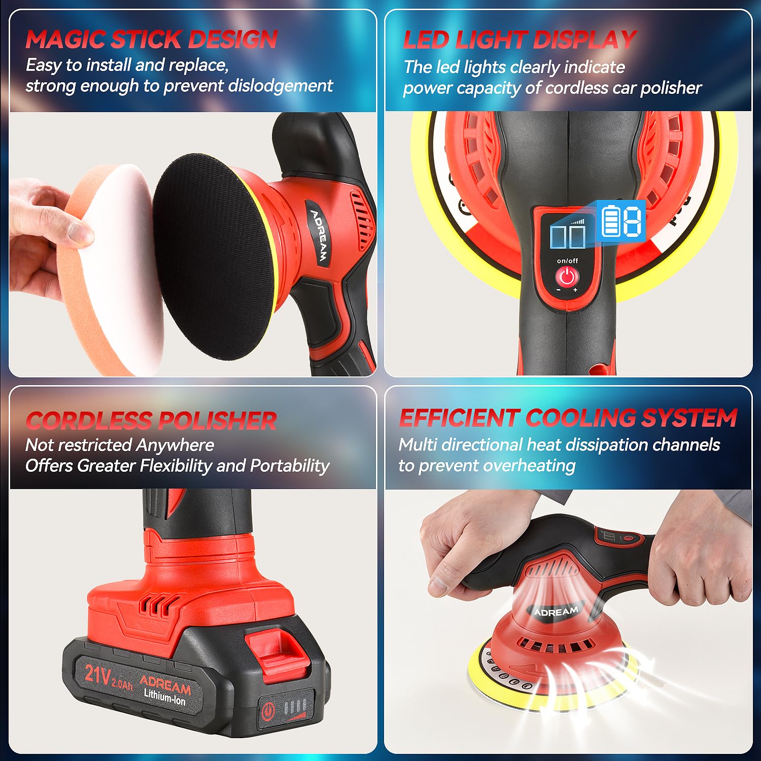 Pulidora inalámbrica para automóvil, pulidora de coche de 6 pulgadas con 2 baterías de litio de 21 V y 2000 mAh, 6 amortiguadores de velocidad variable con 24 accesorios para detalles/pulido/encerado
