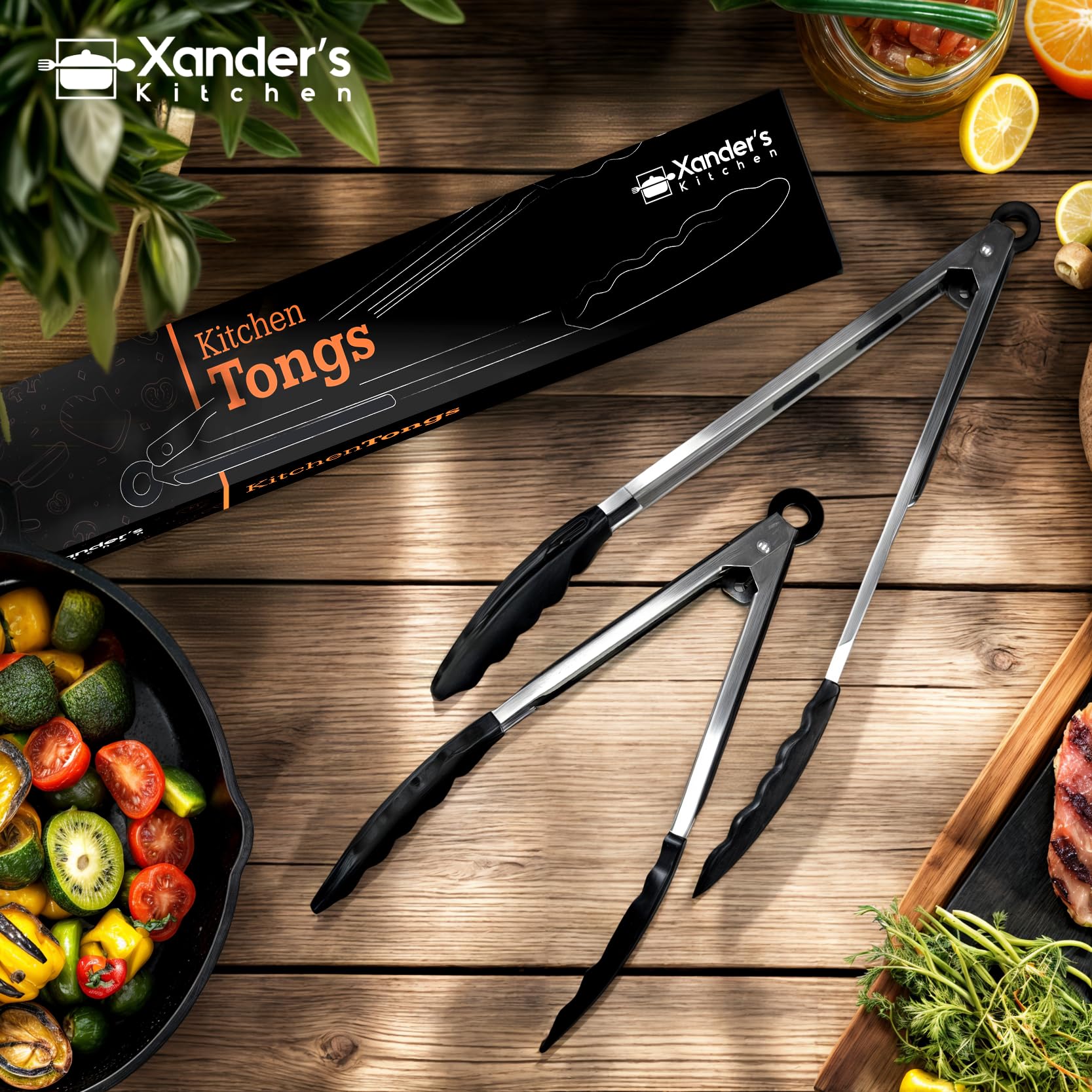 Xander's Kitchen Tongs for Cooking 9" & 12" Set of 2 Silicone Grip Non Stick Pasta Salad Frying BBQ Serving Meat (Black) - Image 4